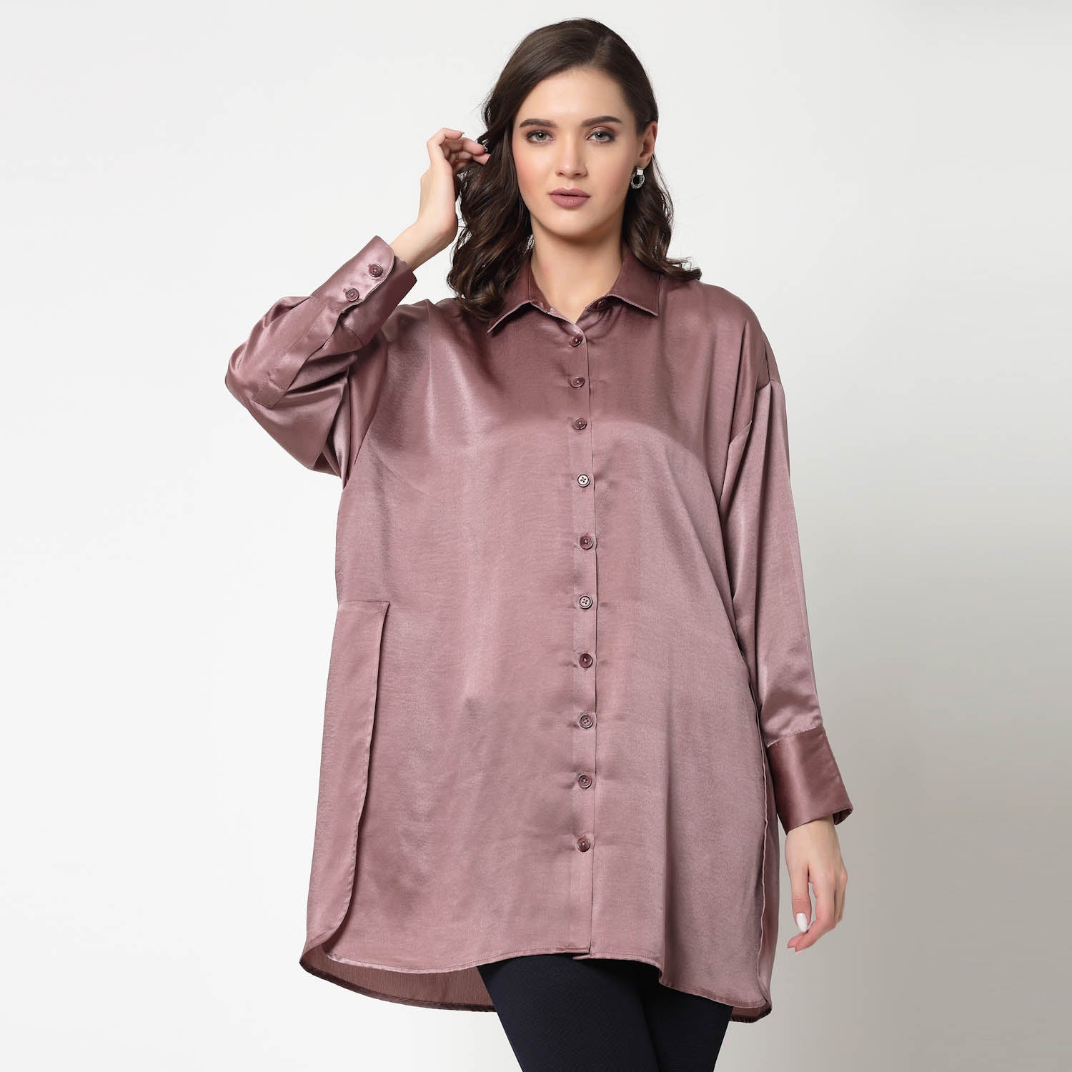 Pink Satin Oversize Long Shirt, womens formal shirts	
cotton shirts for women	
Ofiice shirts for women	