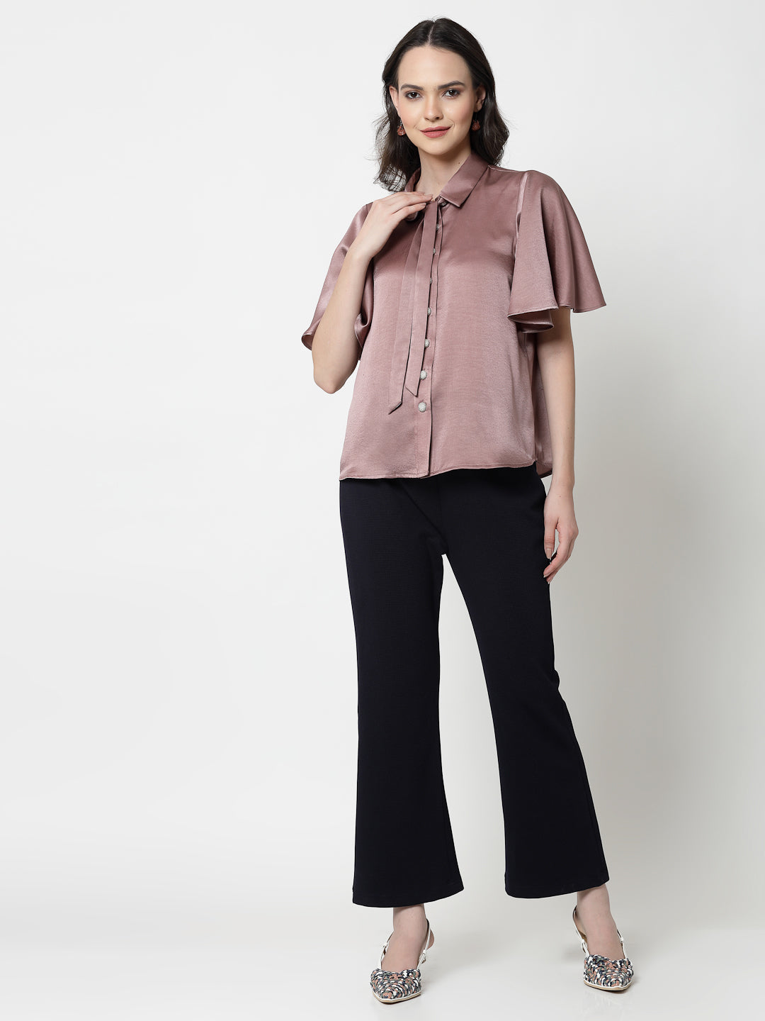 Pink Satin Top With Bell Sleeves & Tie Knot, formal tops for women	
tops for women stylish	
office dress for women	
stylish tops for women	