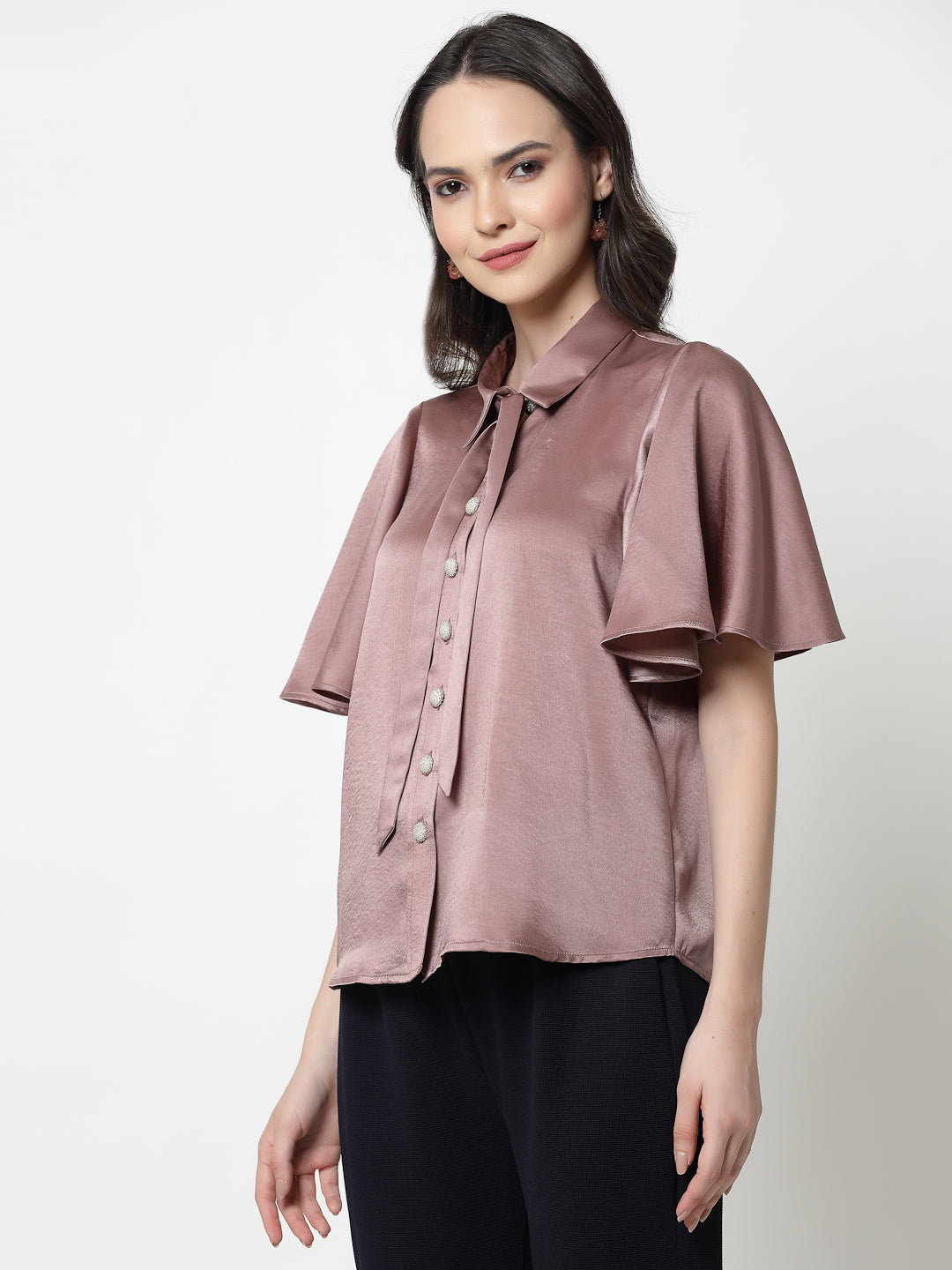 Pink Satin Top With Bell Sleeves & Tie Knot, formal tops for women	
tops for women stylish	
office dress for women	
stylish tops for women	