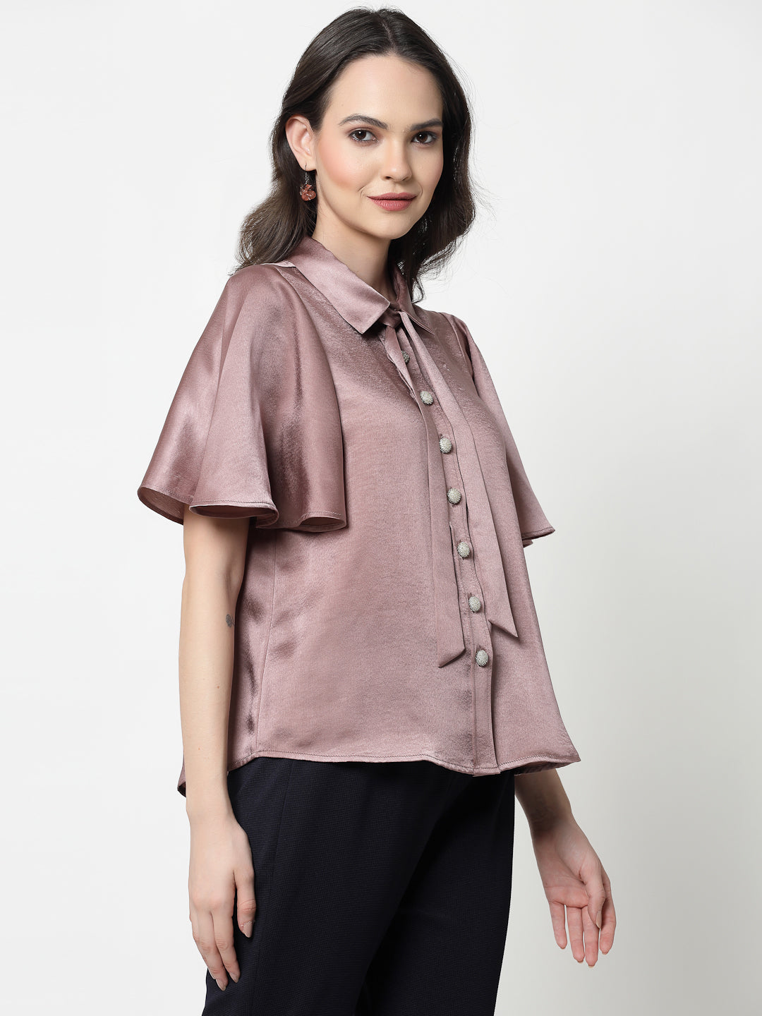 Pink Satin Top With Bell Sleeves & Tie Knot, formal tops for women	
tops for women stylish	
office dress for women	
stylish tops for women	