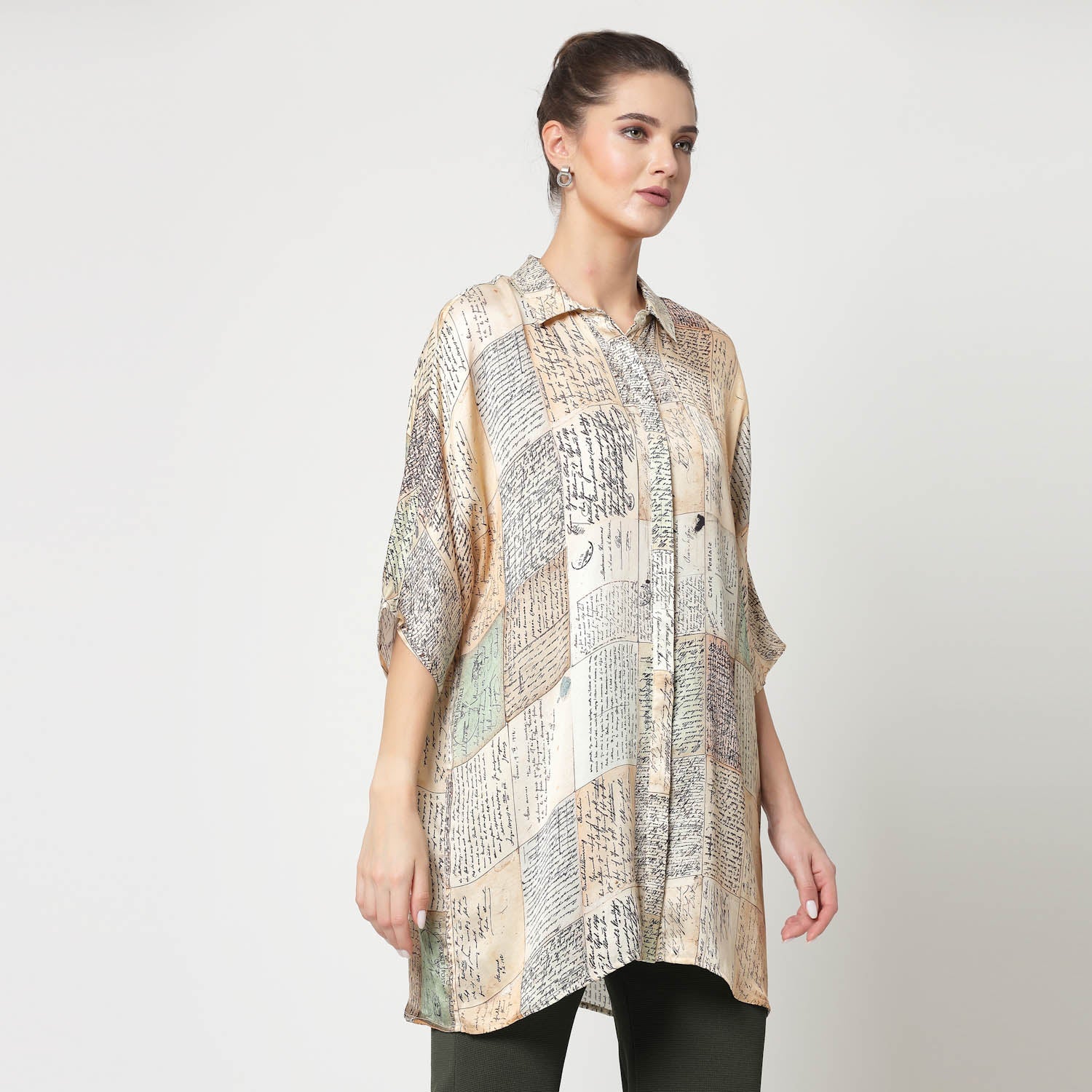 Post Card Print Long Shirt, womens formal shirts	
cotton shirts for women	
Ofiice shirts for women	