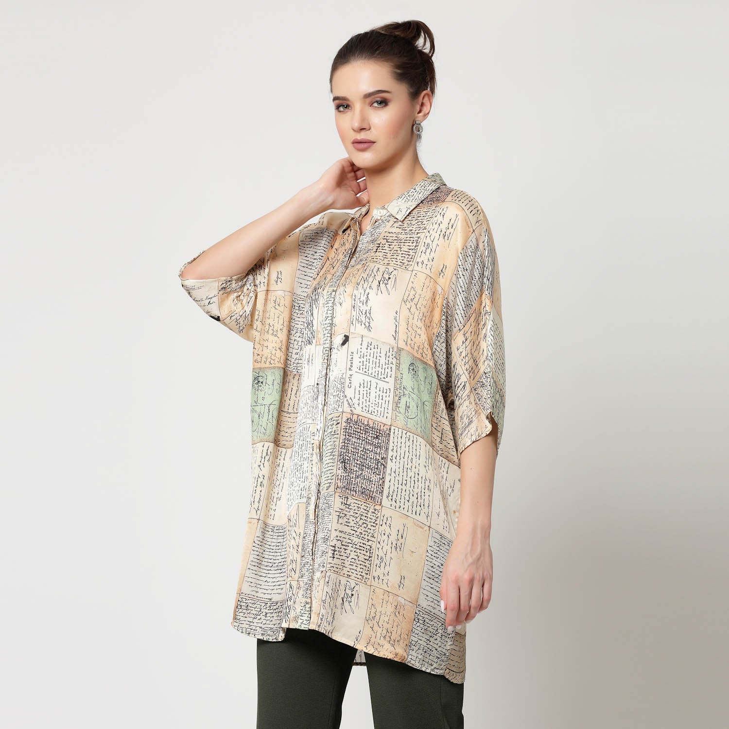 Post Card Print Long Shirt, womens formal shirts	
cotton shirts for women	
Ofiice shirts for women	