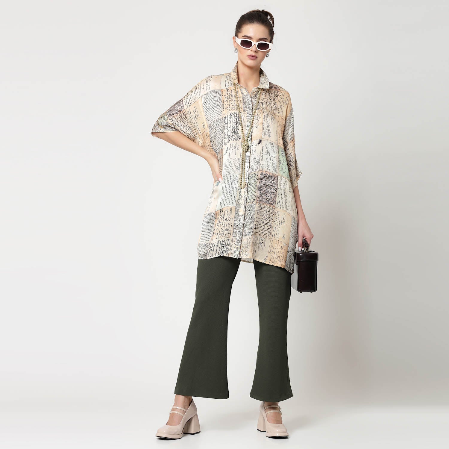 Post Card Print Long Shirt, womens formal shirts	
cotton shirts for women	
Ofiice shirts for women	
