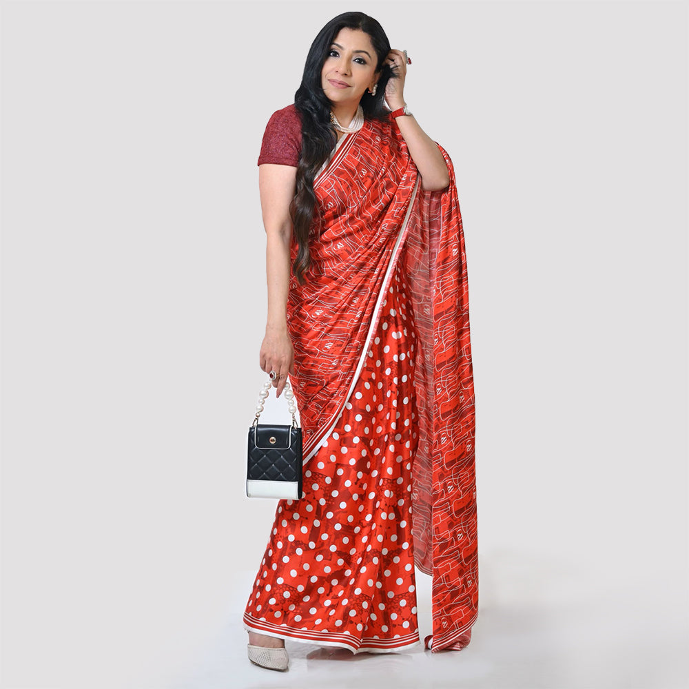 Red Polka & Cola Saree, indian dresses for women	
formal saree for women	
designer sarees for women	