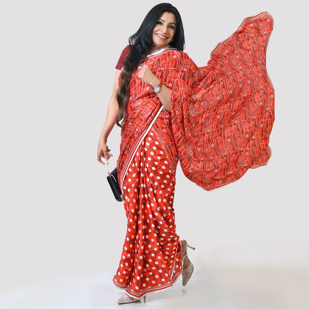 Red Polka & Cola Saree, indian dresses for women	
formal saree for women	
designer sarees for women	