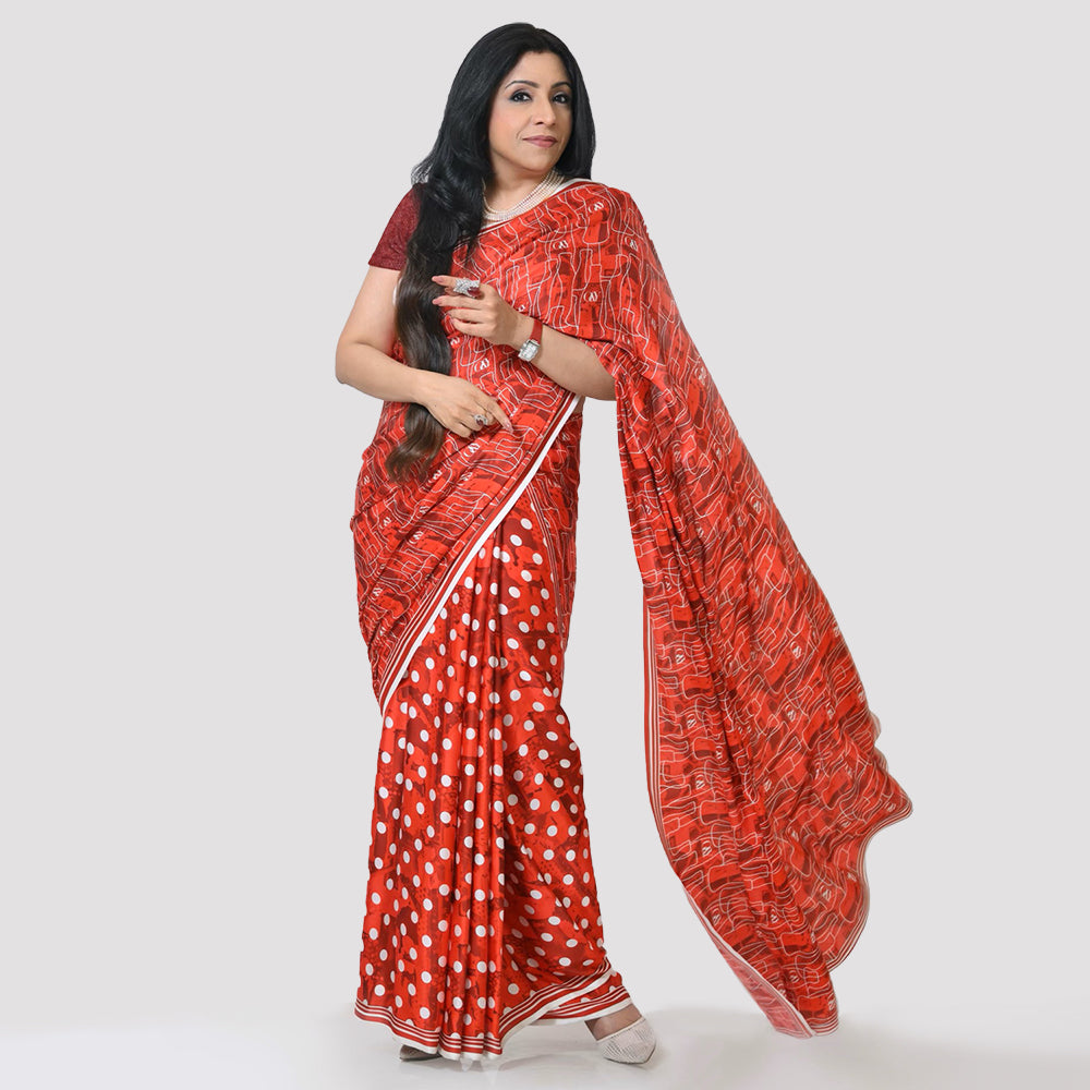 Red Polka & Cola Saree, indian dresses for women	
formal saree for women	
designer sarees for women	