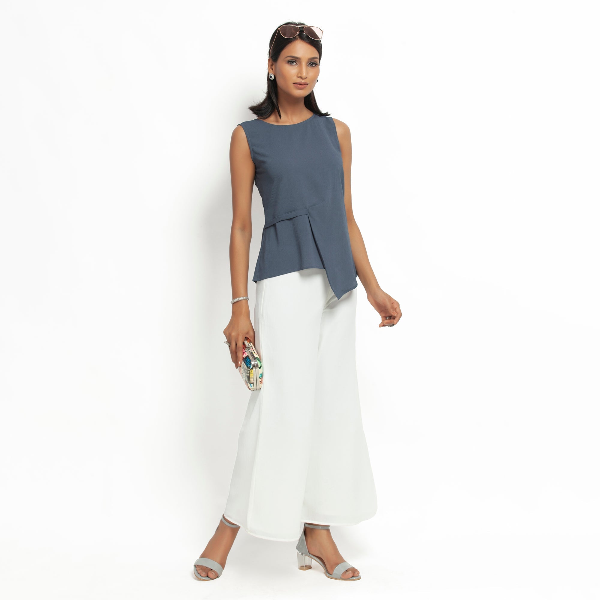 Stone Blue Crepe Office Wear Tops for Women-2