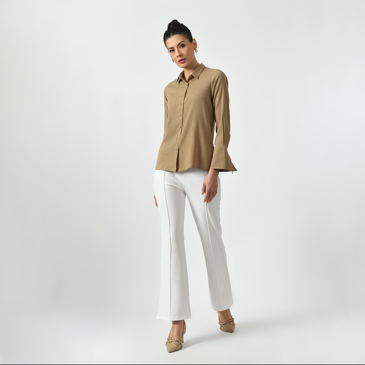 Beige Texture Shirt With Overlap Cuff