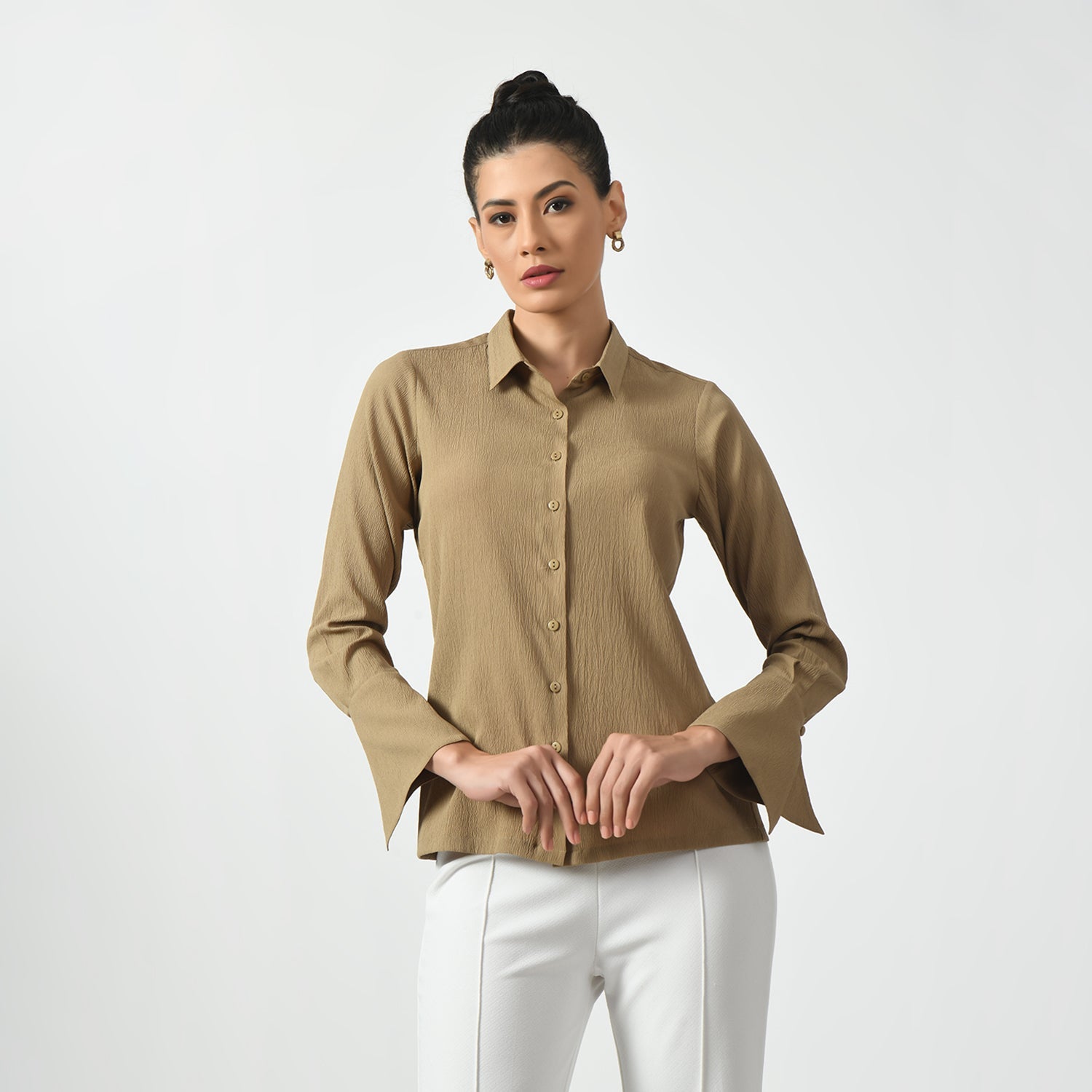 Beige Texture Shirt With Overlap Cuff