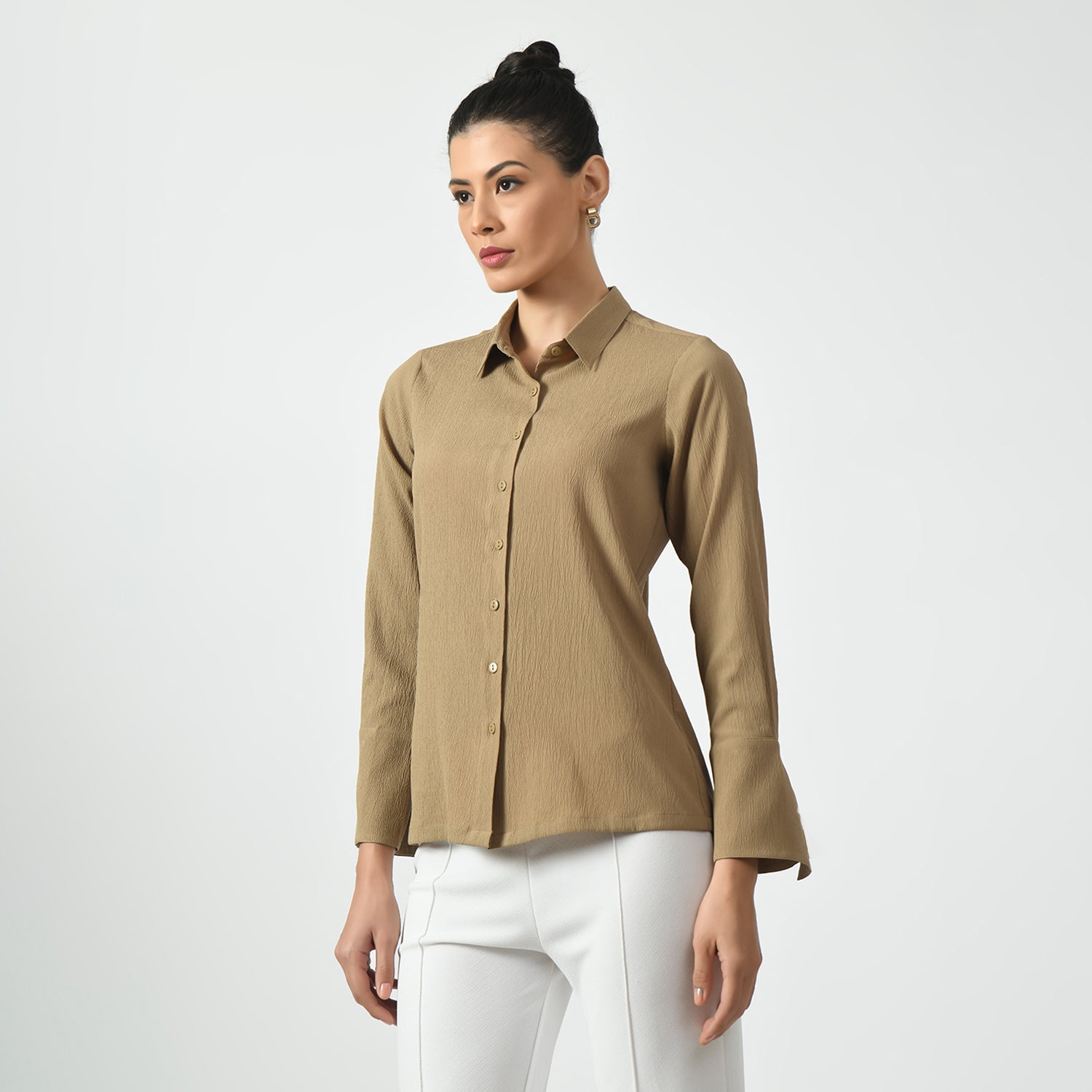 Beige Texture Shirt With Overlap Cuff