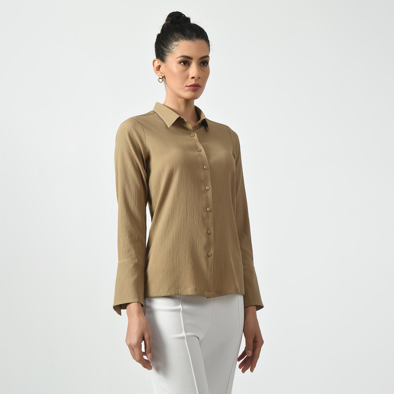 Beige Texture Shirt With Overlap Cuff
