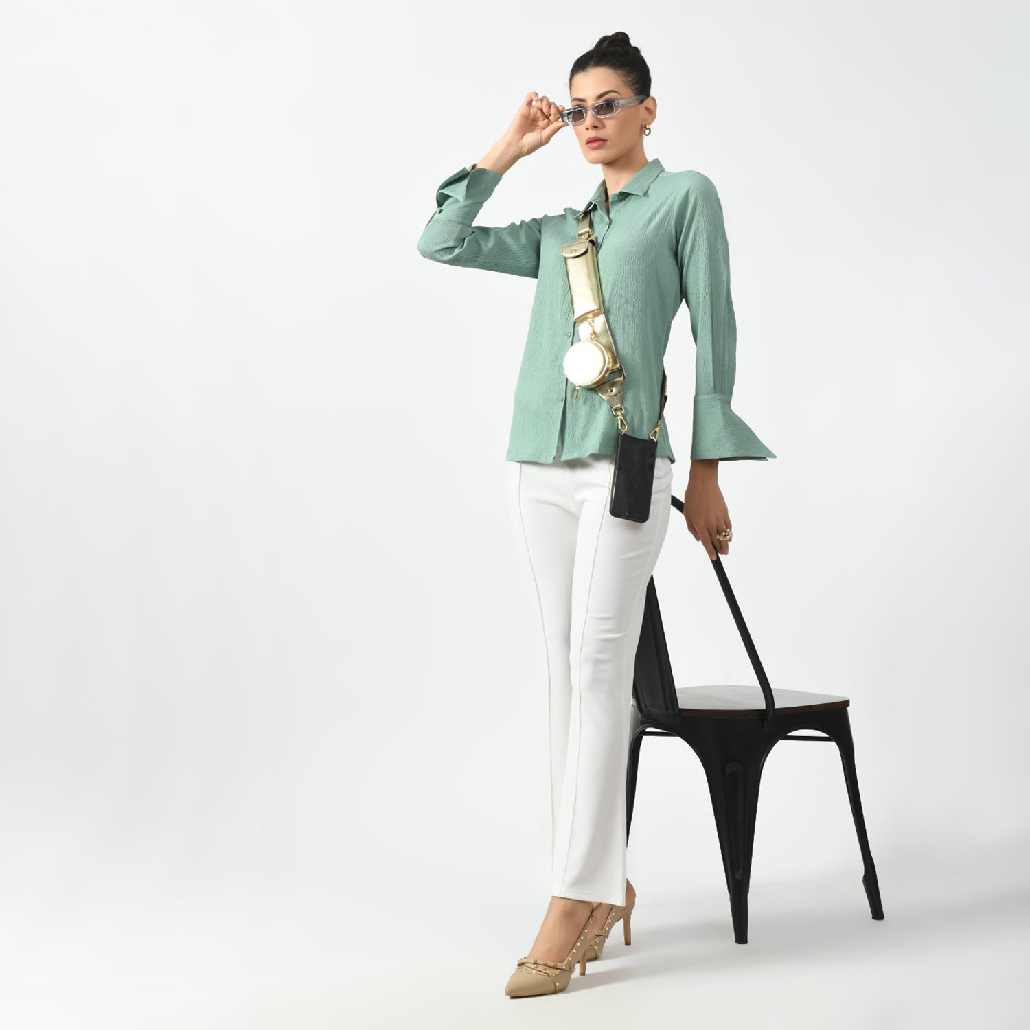 Light Green Texture Shirt With Overlap Cuff