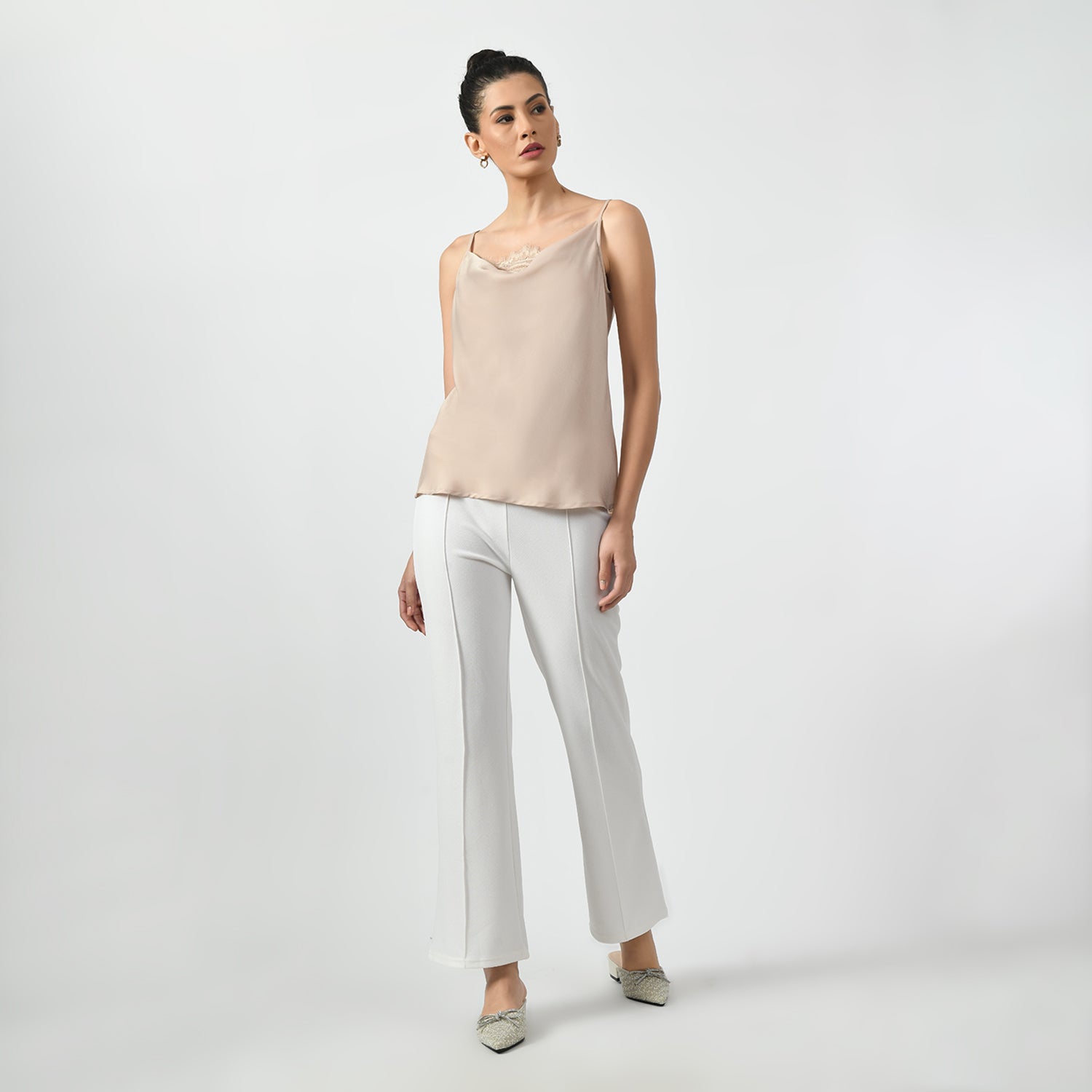 Off White Cowl Spaghetti Top With Lace