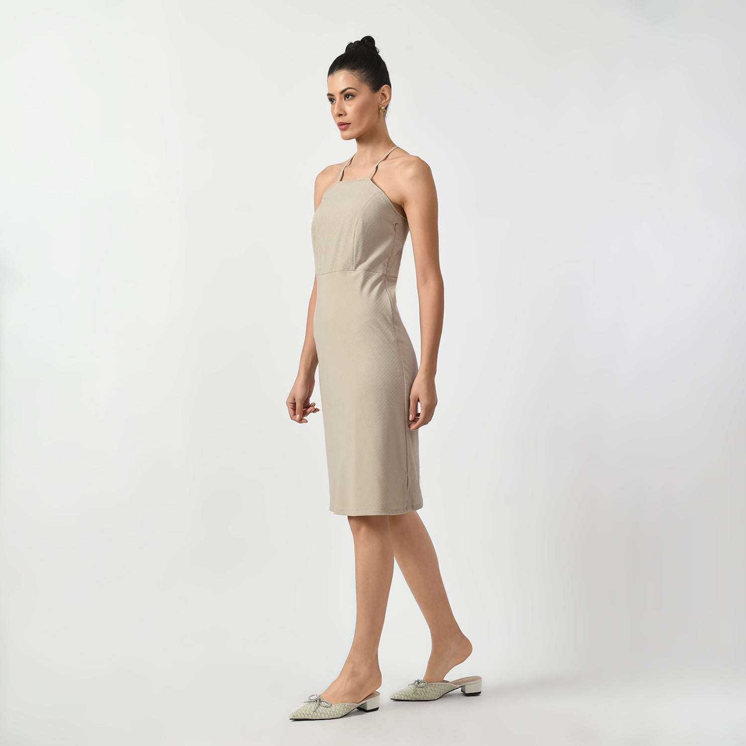 Beige Texture Halter Office Wear Dresses for Women-1