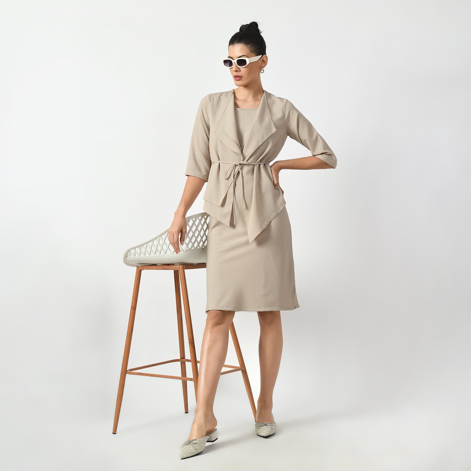 Beige Texture Halter Office Wear Dresses for Women-7