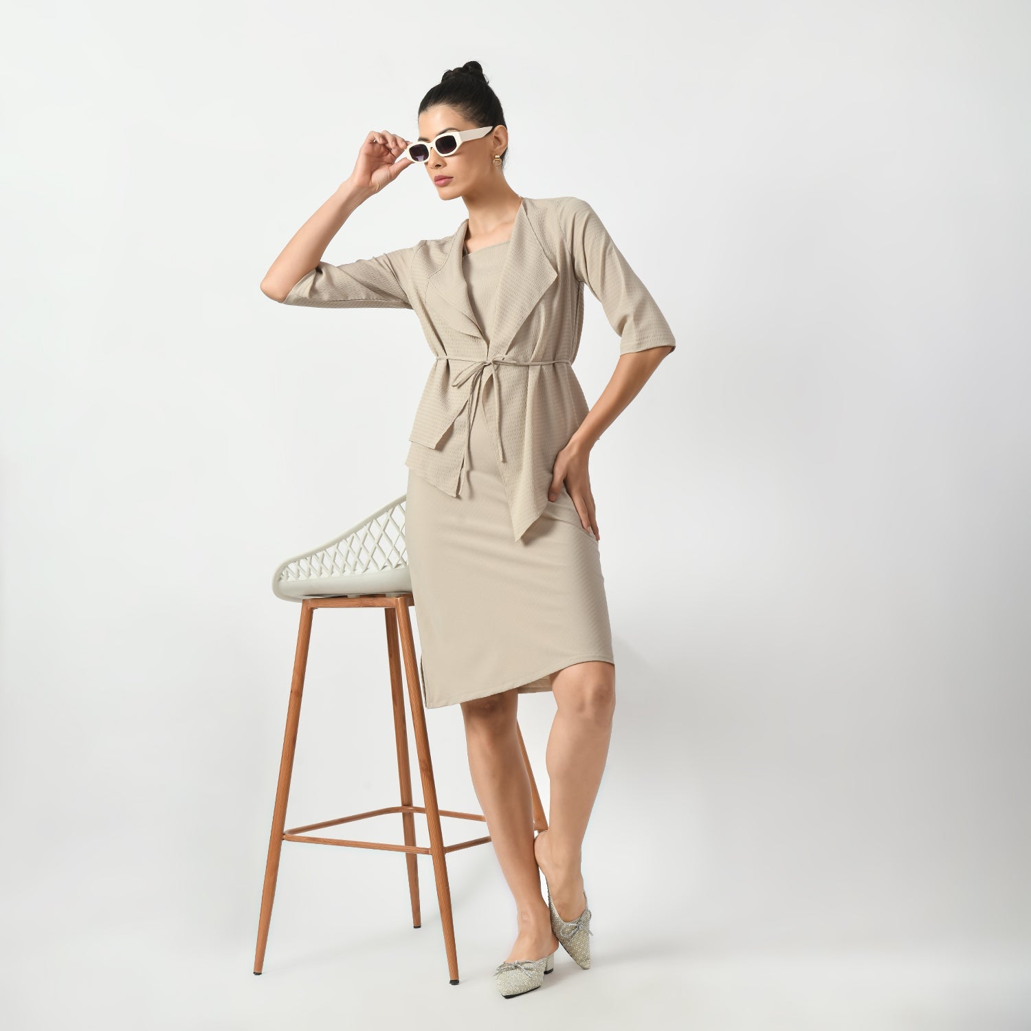 Beige Texture Halter Office Wear Dresses for Women-6