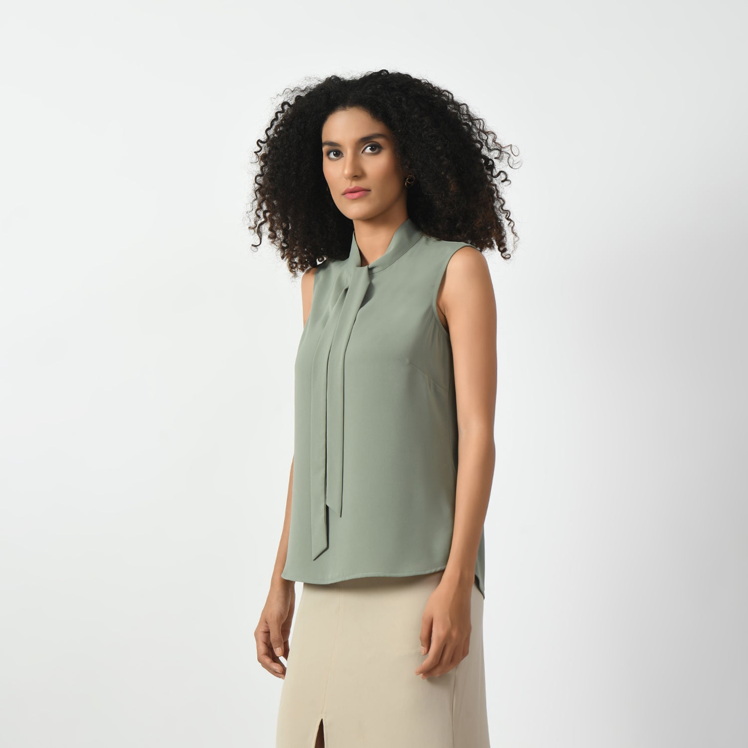 Dusty Green Sleeveless Top With Knot