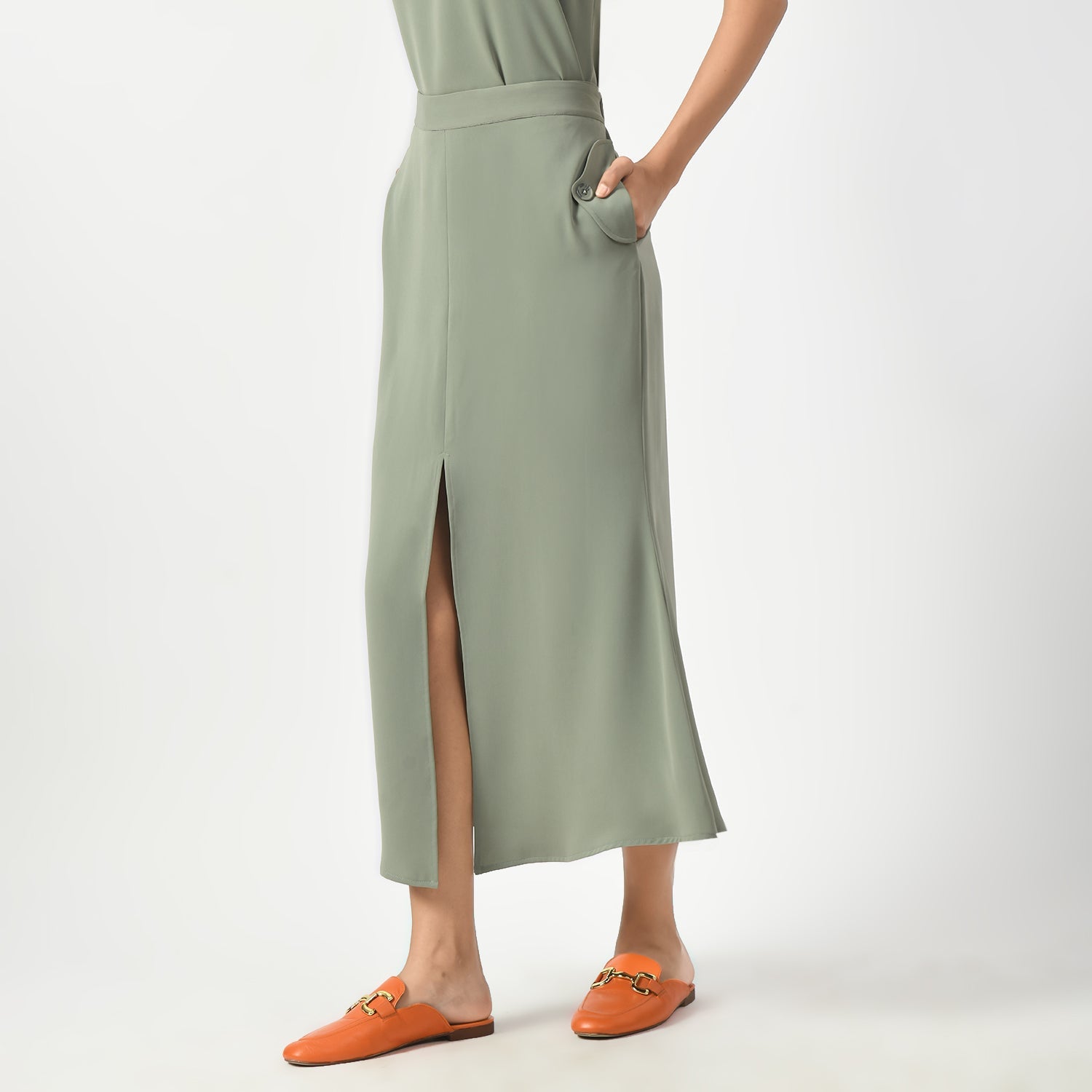 Dusty Green Fish Cut Skirt With Front Slit
