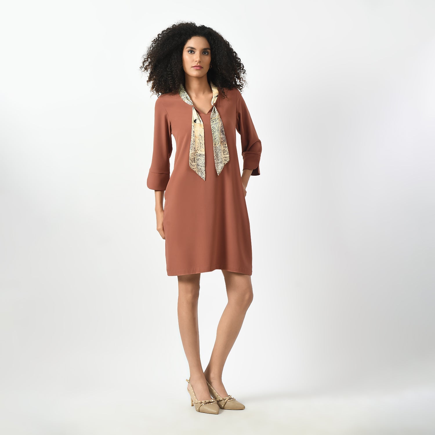 Peach Dress With Tie Knot Collar