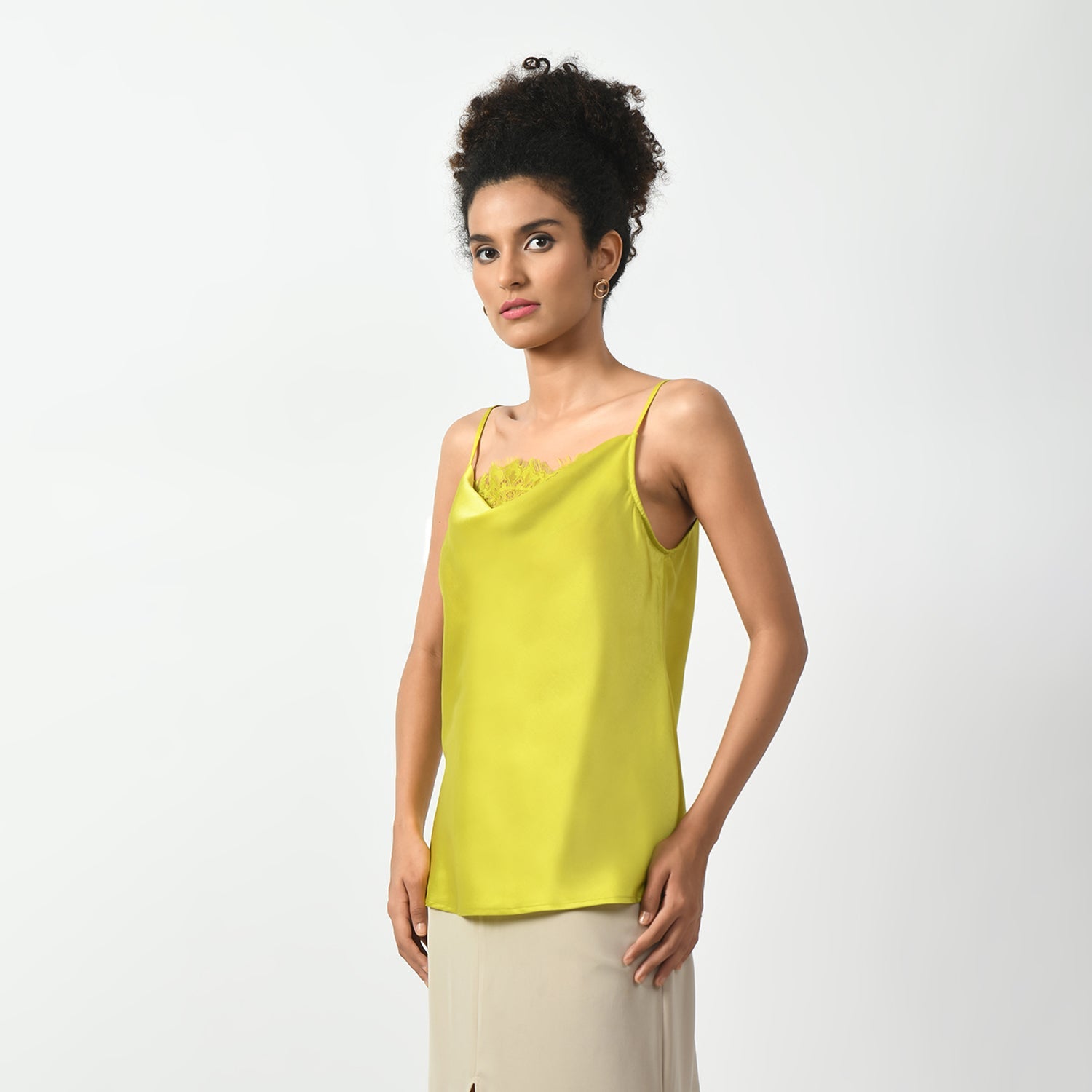 Olive Cowl Spaghetti Top With Lace