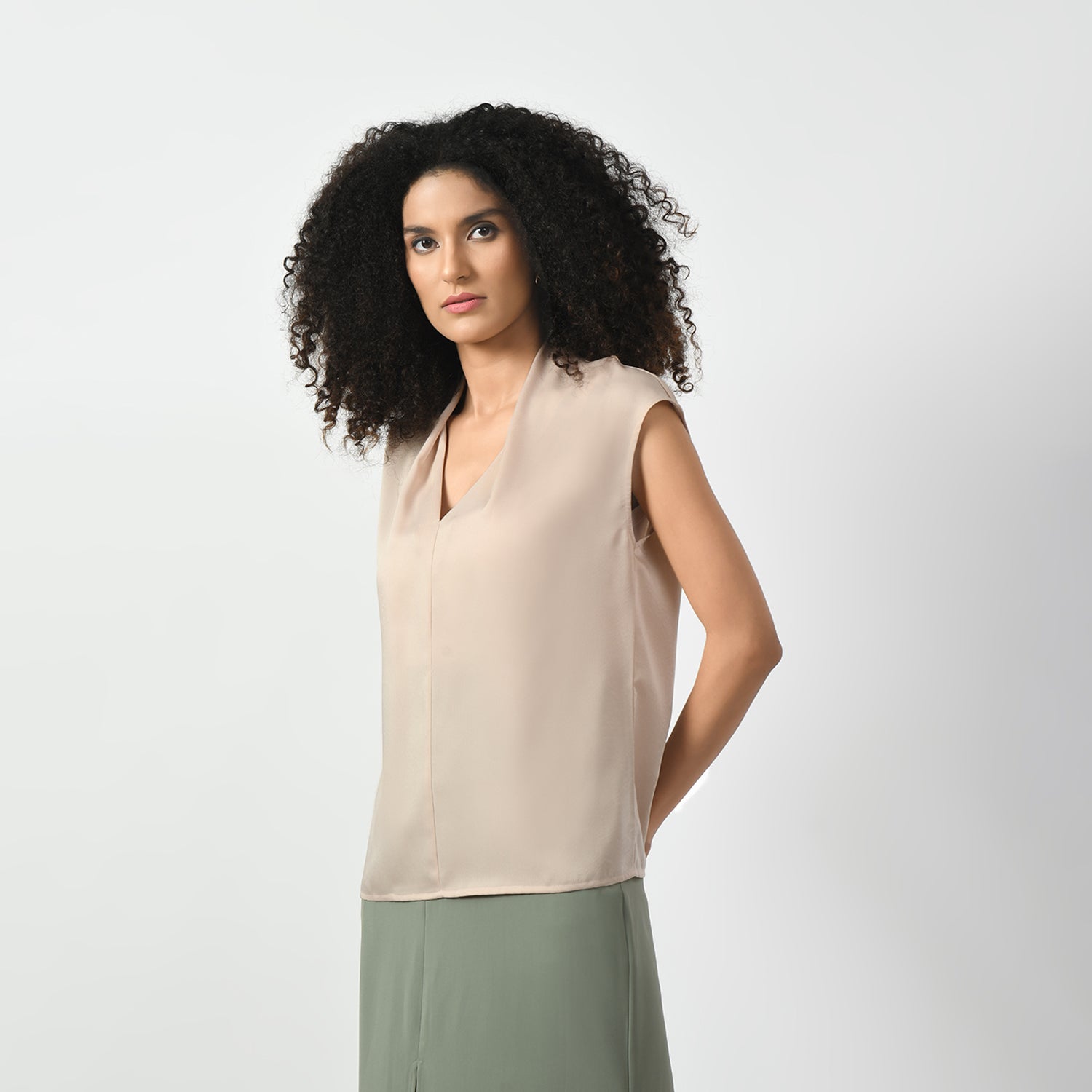 Off White Satin V Neck Top