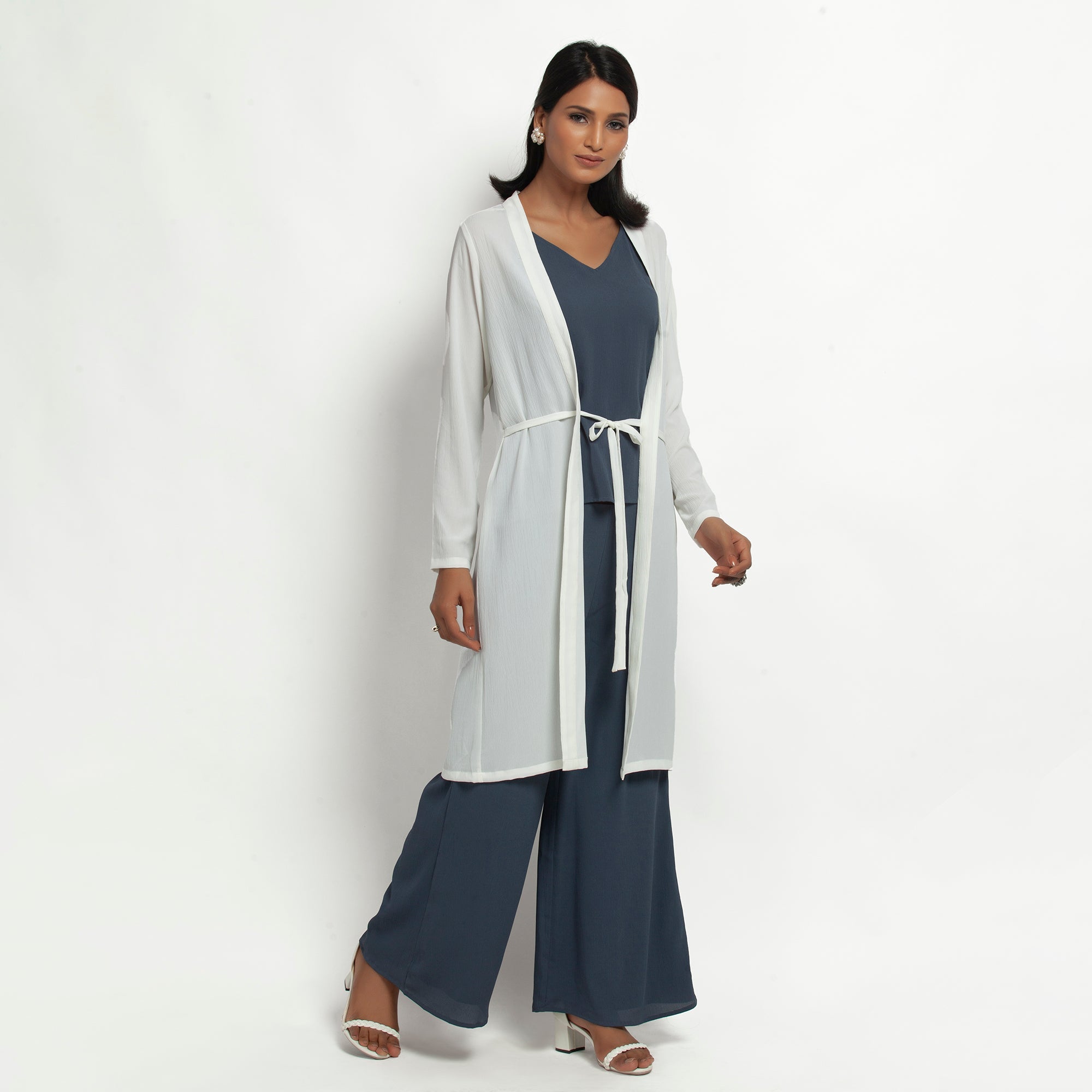 White Crepe Jacket with Tie Knot for Women-3	
