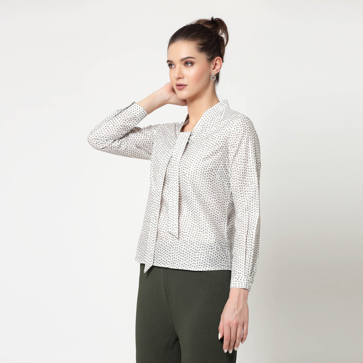 White & Olive Polka Top With Tie Knot, formal tops for women	
tops for women stylish	
office dress for women	
stylish tops for women	