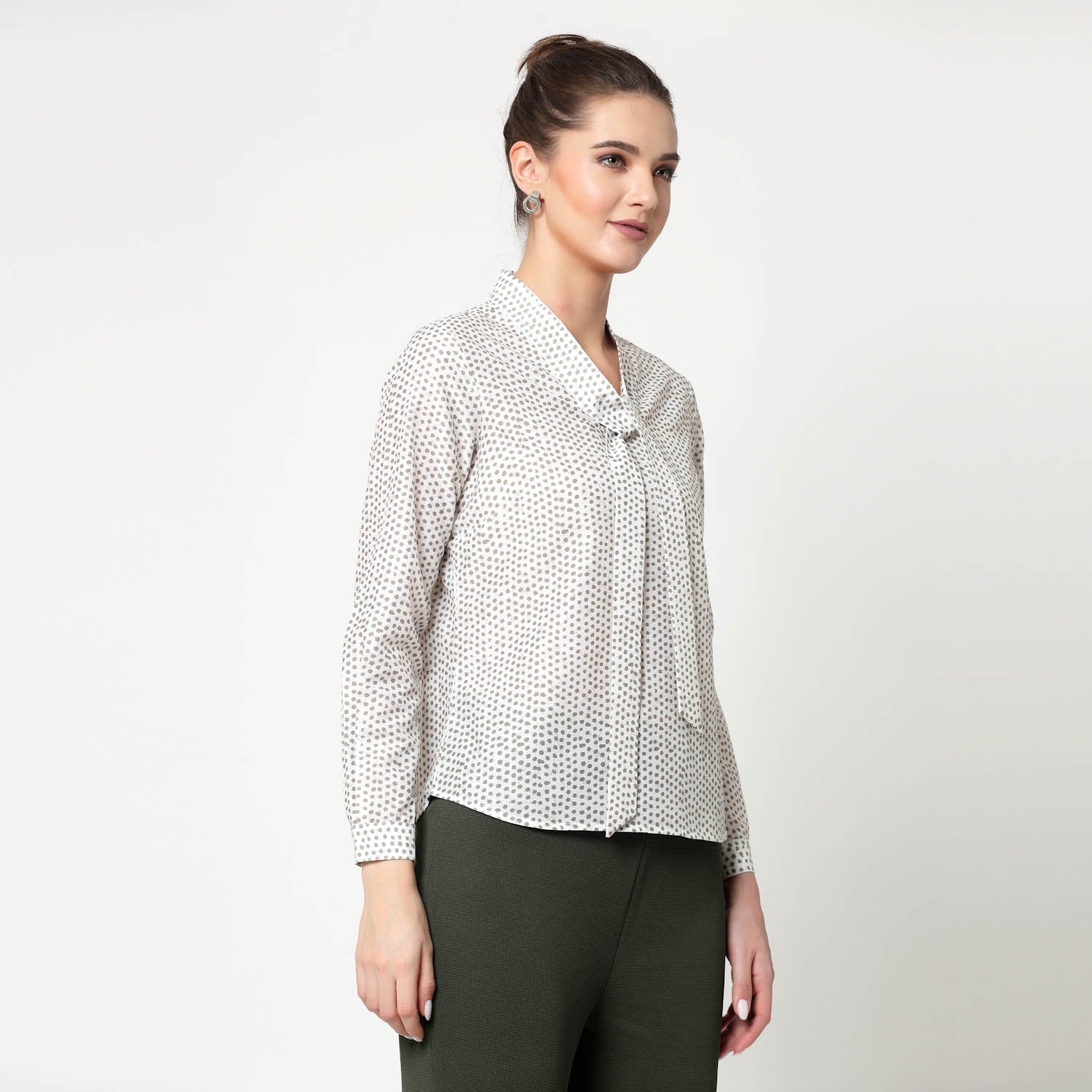 White & Olive Polka Top With Tie Knot, formal tops for women	
tops for women stylish	
office dress for women	
stylish tops for women	