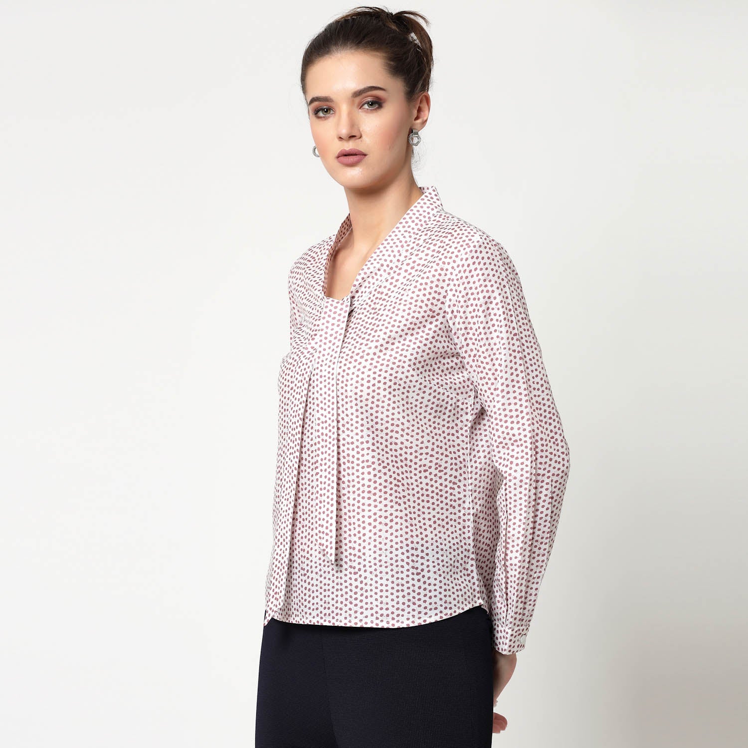White & Pink Polka Top With Tie Knot, formal tops for women	
tops for women stylish	
office dress for women	
stylish tops for women	