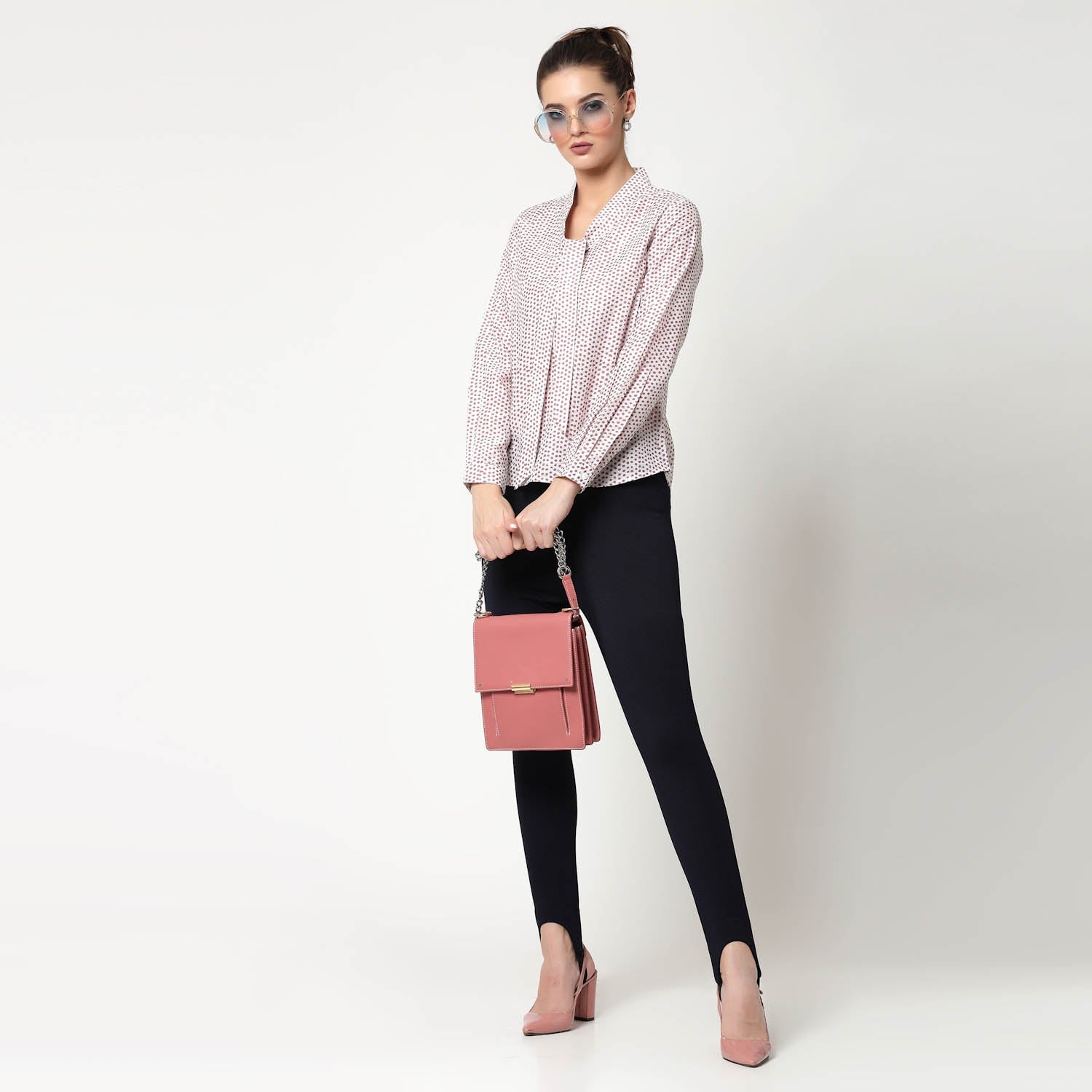 White & Pink Polka Top With Tie Knot, formal tops for women	
tops for women stylish	
office dress for women	
stylish tops for women	