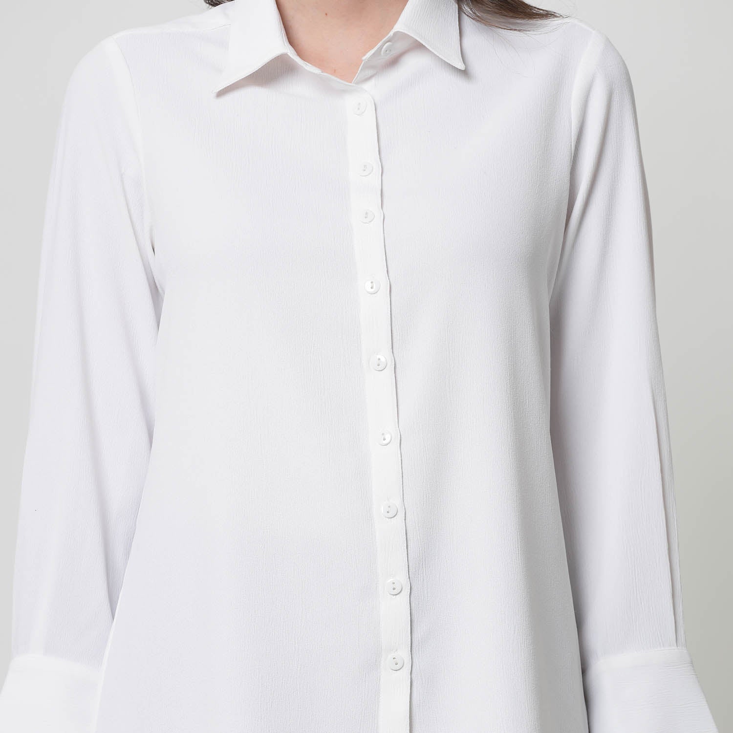 White Texture Shirt With Overlap Cuff,womens formal shirts	
cotton shirts for women	
Ofiice shirts for women	