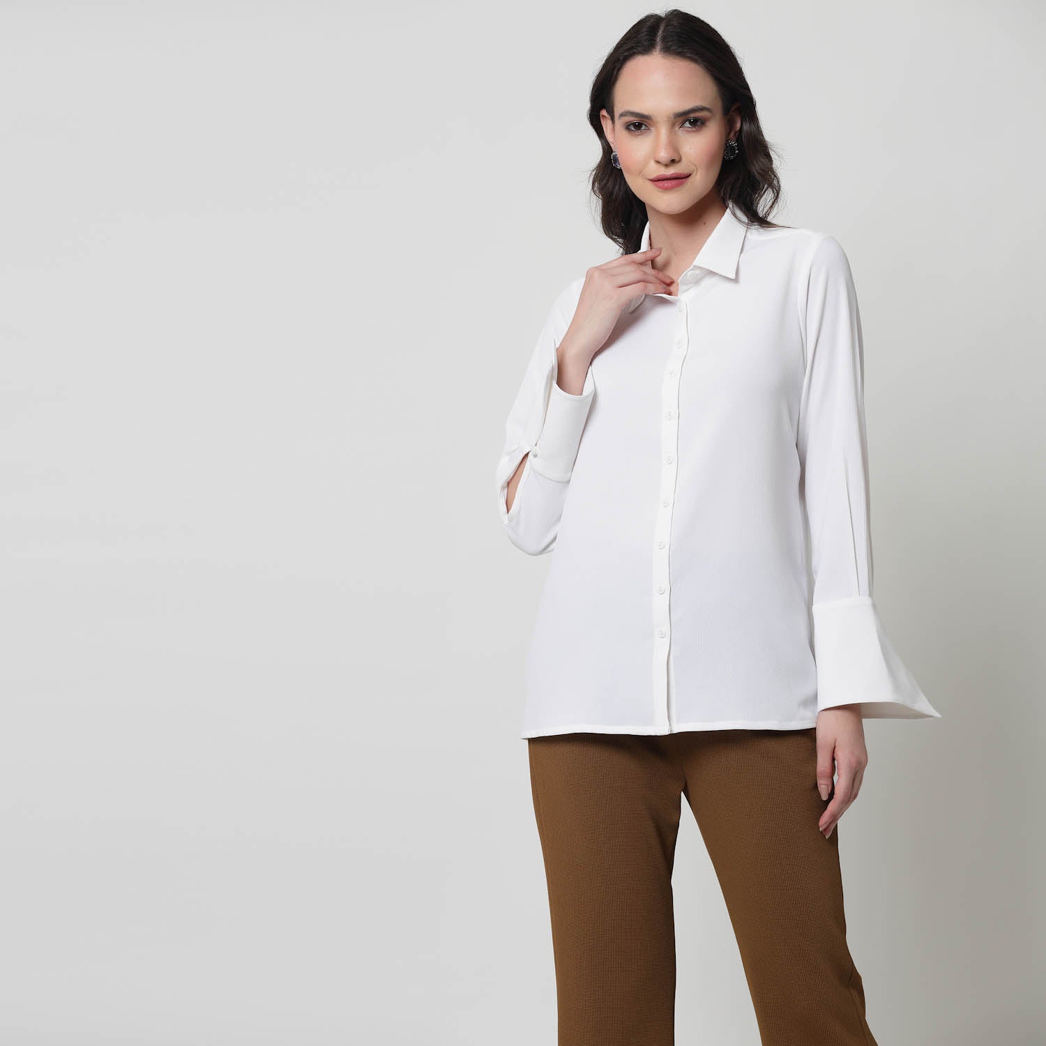 White Texture Shirt With Overlap Cuff,womens formal shirts	
cotton shirts for women	
Ofiice shirts for women	