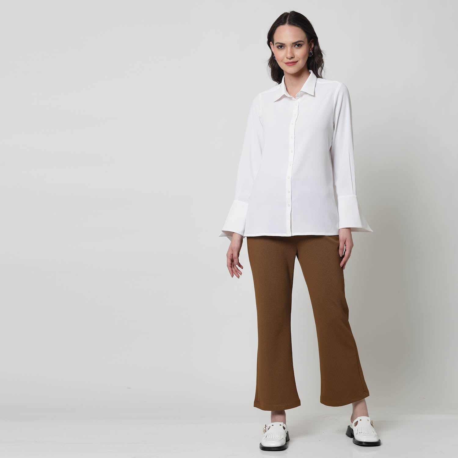 White Texture Shirt With Overlap Cuff,womens formal shirts	
cotton shirts for women	
Ofiice shirts for women	
