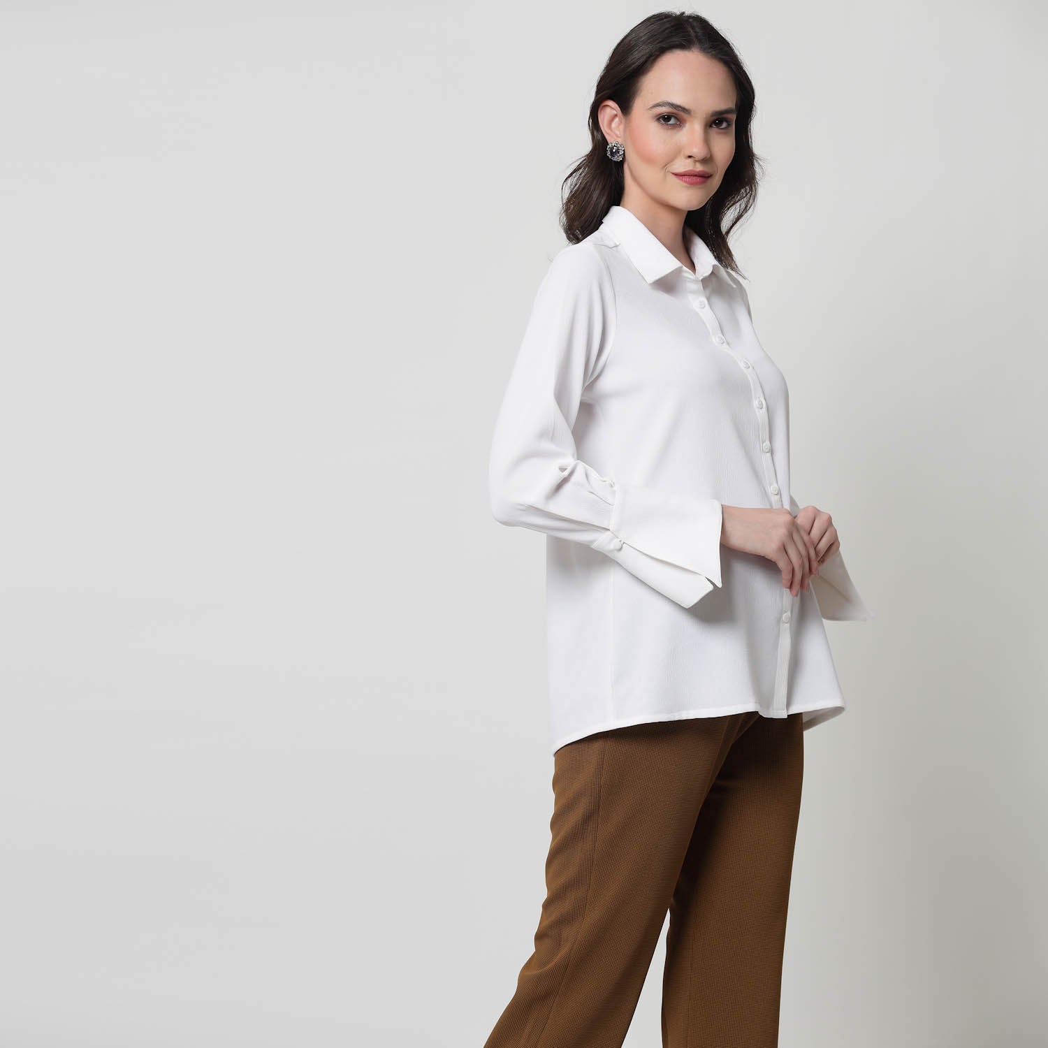 White Texture Shirt With Overlap Cuff,womens formal shirts	
cotton shirts for women	
Ofiice shirts for women	
