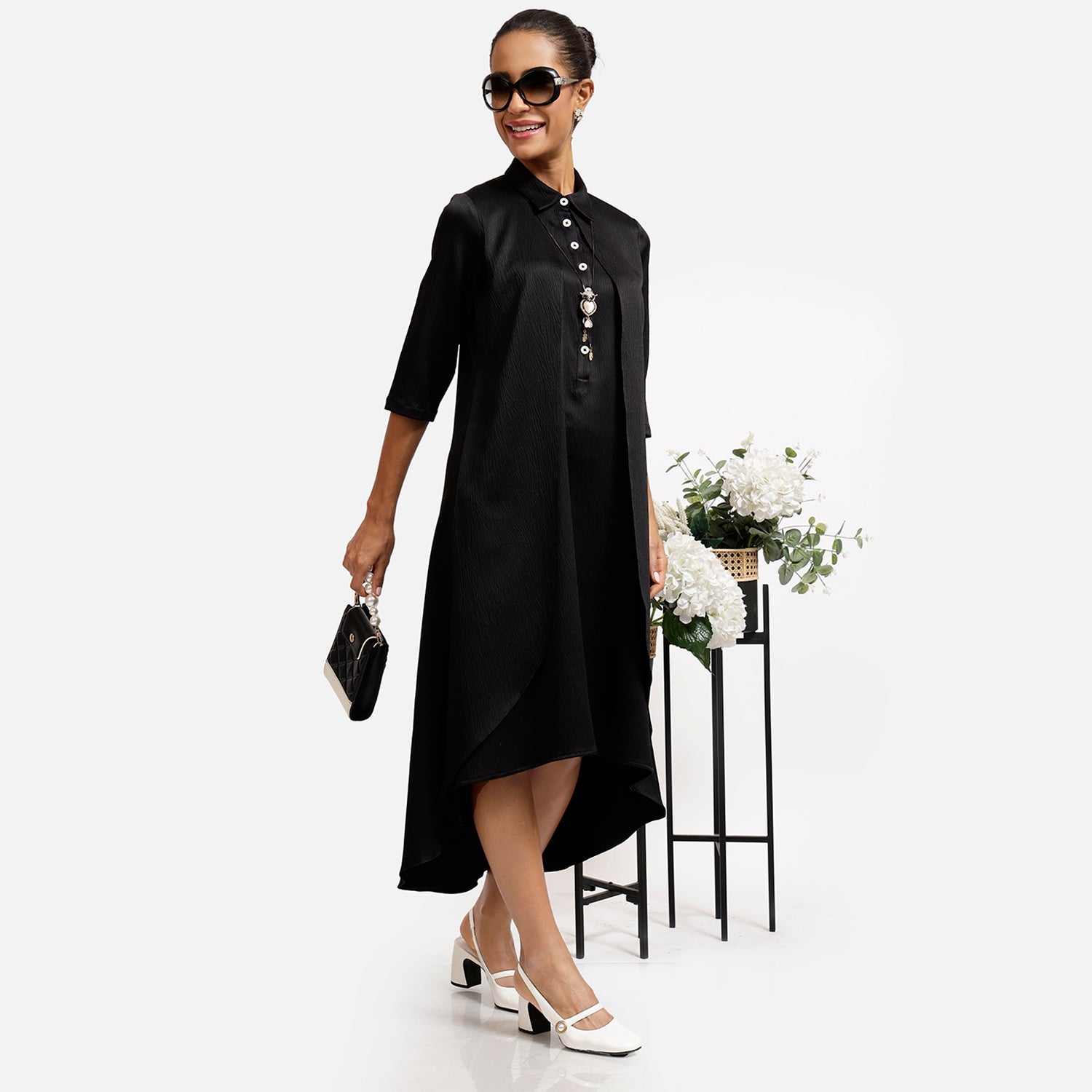 Black Satin Overlap Dresses for Ladies