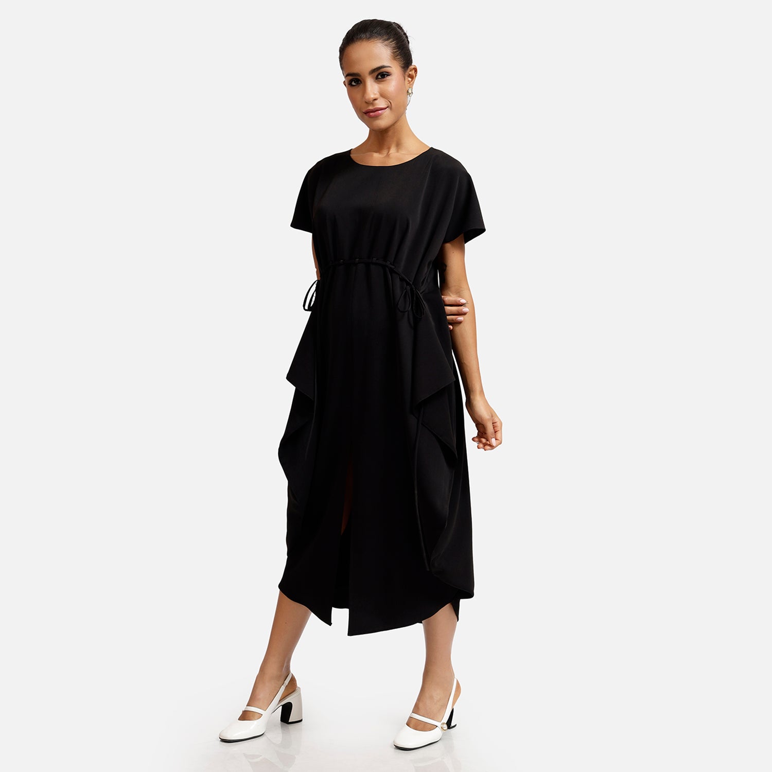 Black Crepe Front Draw String Dresses for Women Office Wear-1