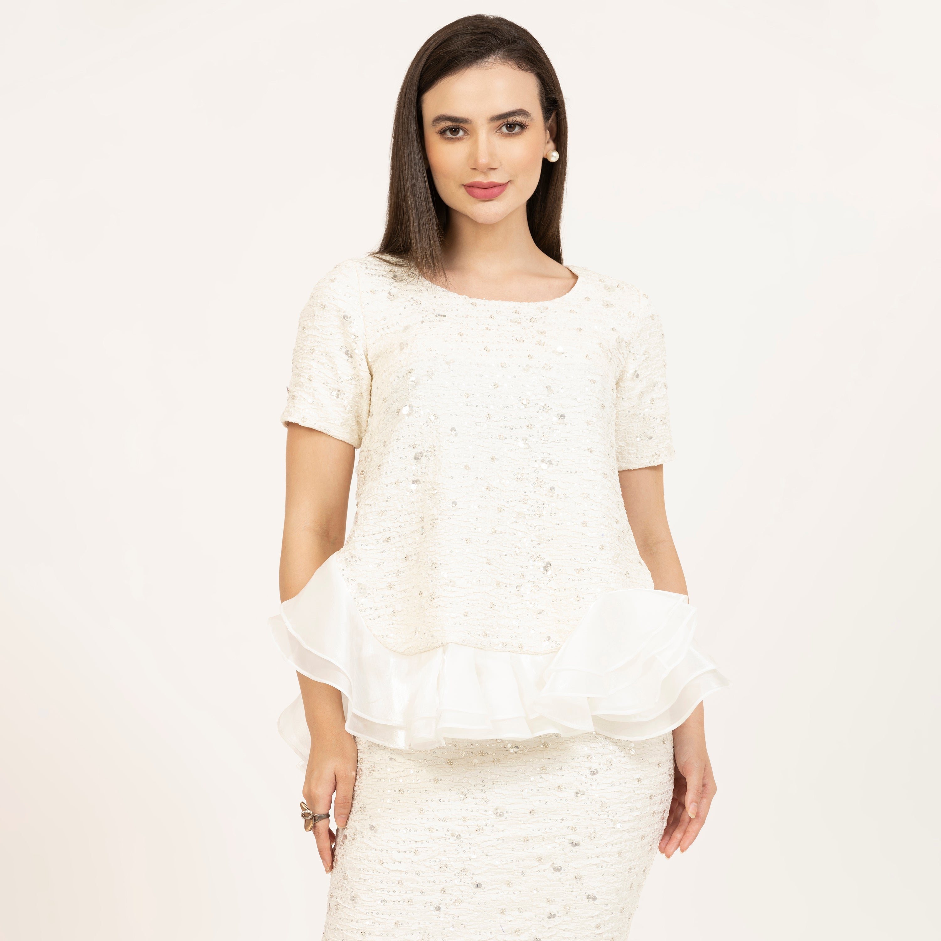 Off White Embroidered Peplum Top With Satin Organza