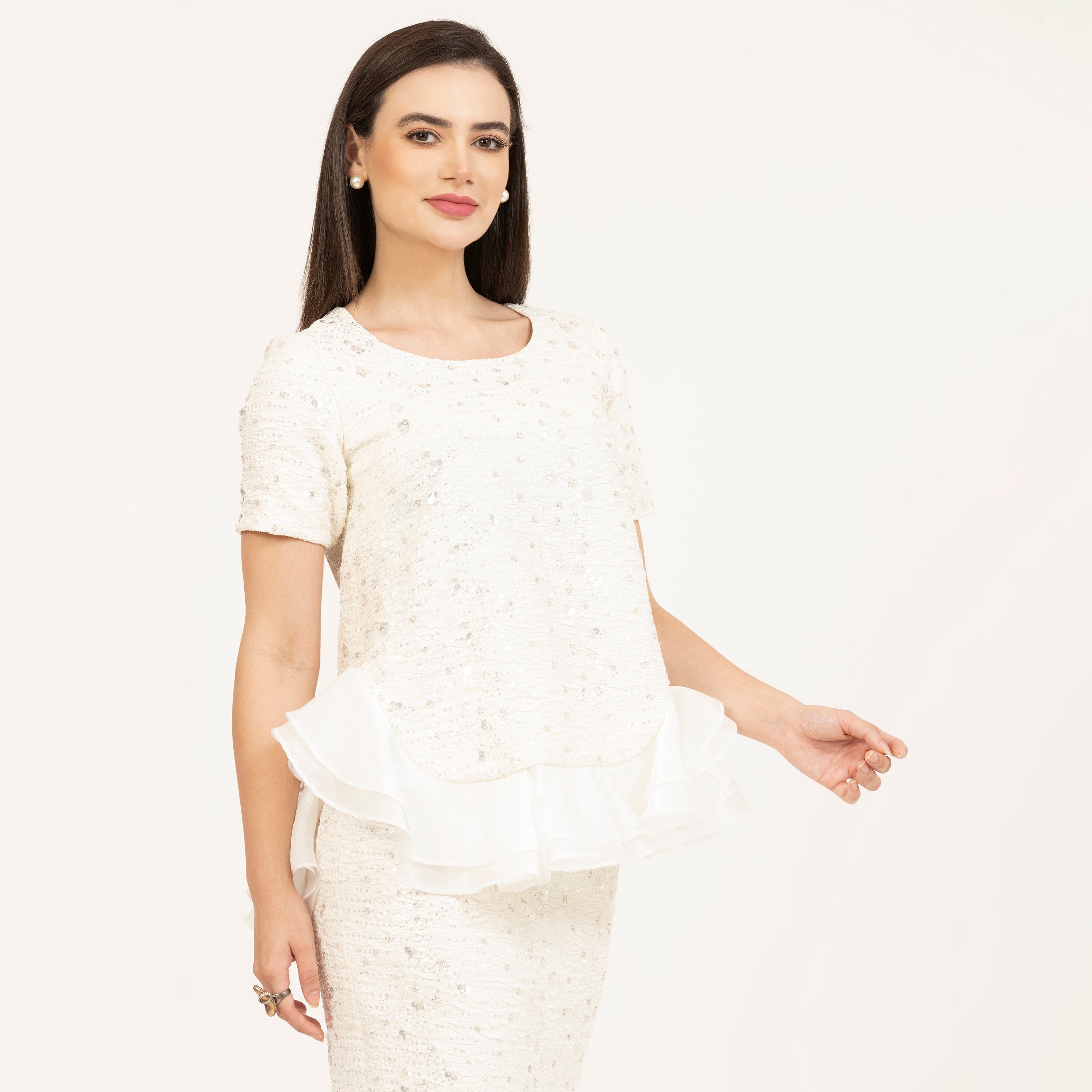 Off White Embroidered Peplum Top With Satin Organza