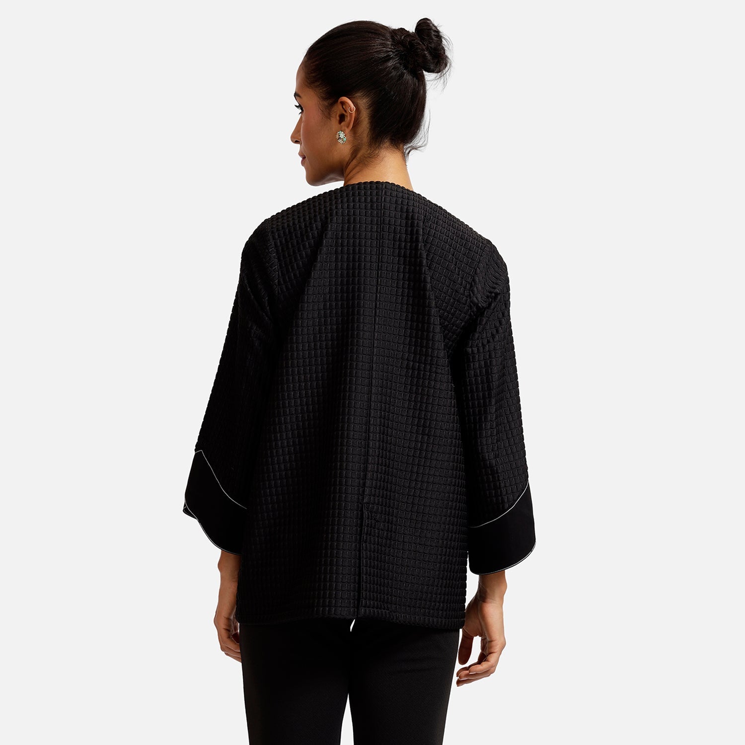 Black Textured Jacket With Contrast Top Stitch