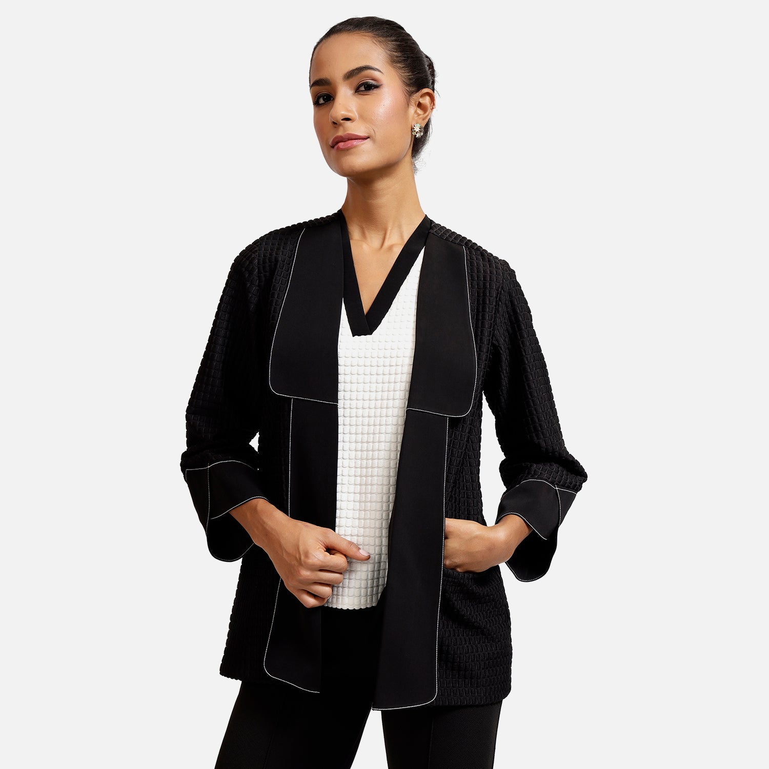 Black Textured Jacket With Contrast Top Stitch