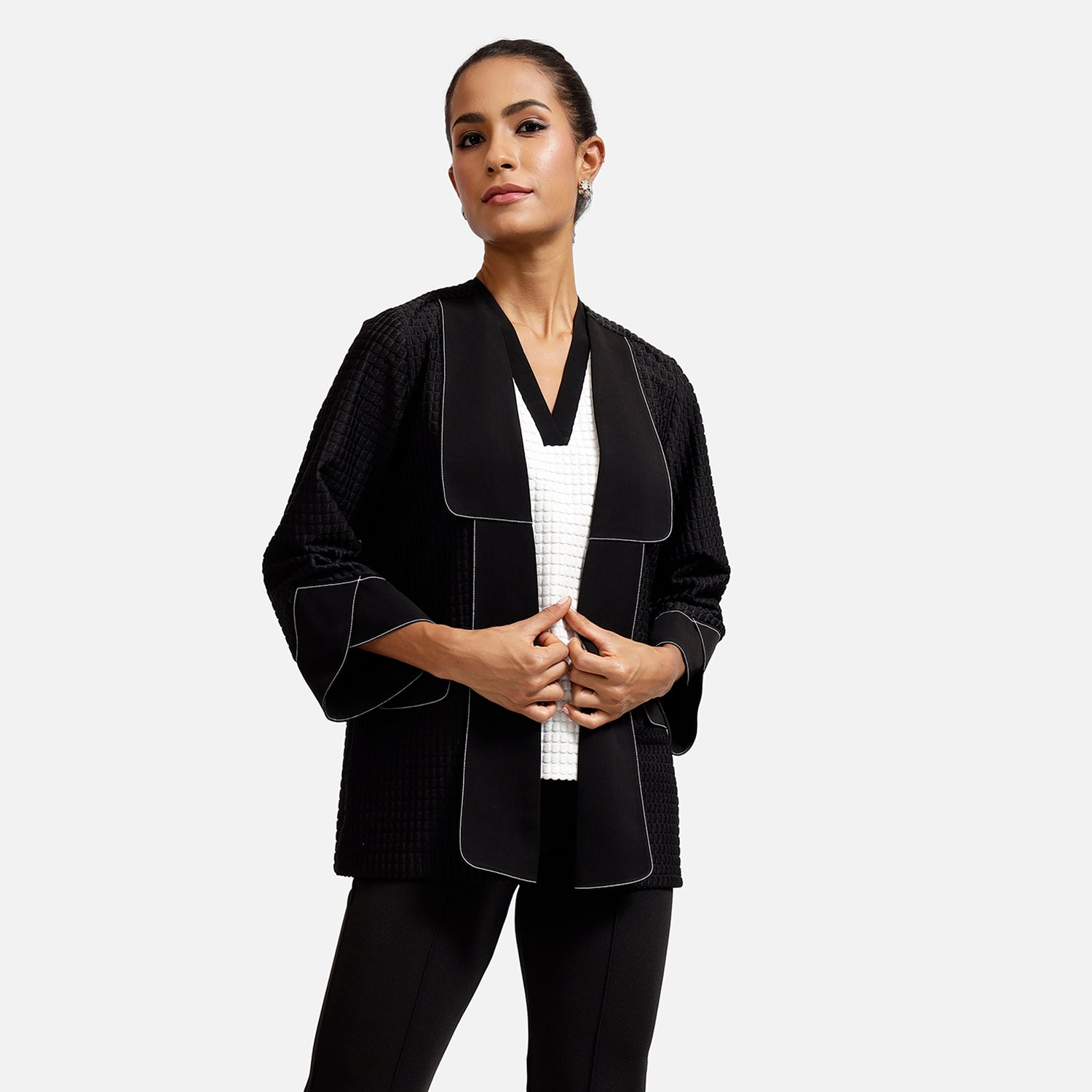 Black Textured Jacket With Contrast Top Stitch