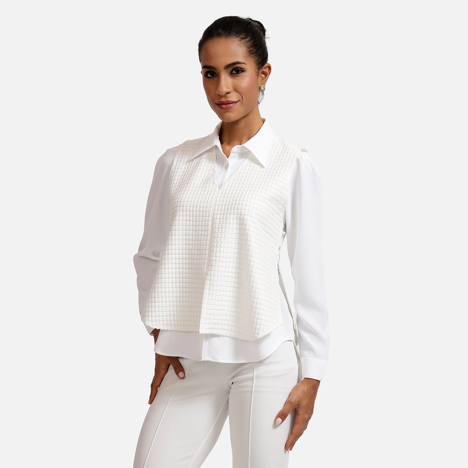 White Textured Sleeveless Top with Shirt for Women-1
