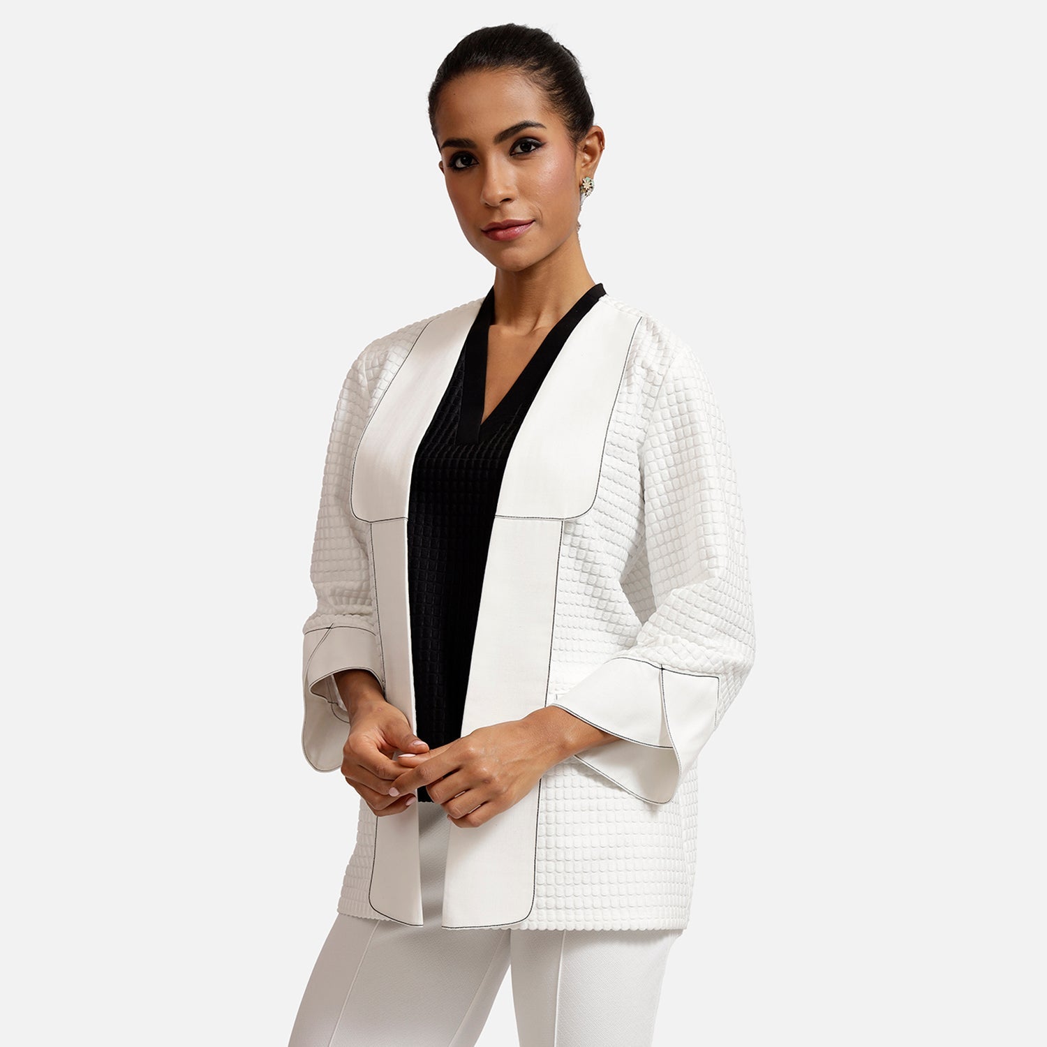 White Textured Jacket with Contrast Top Stitch