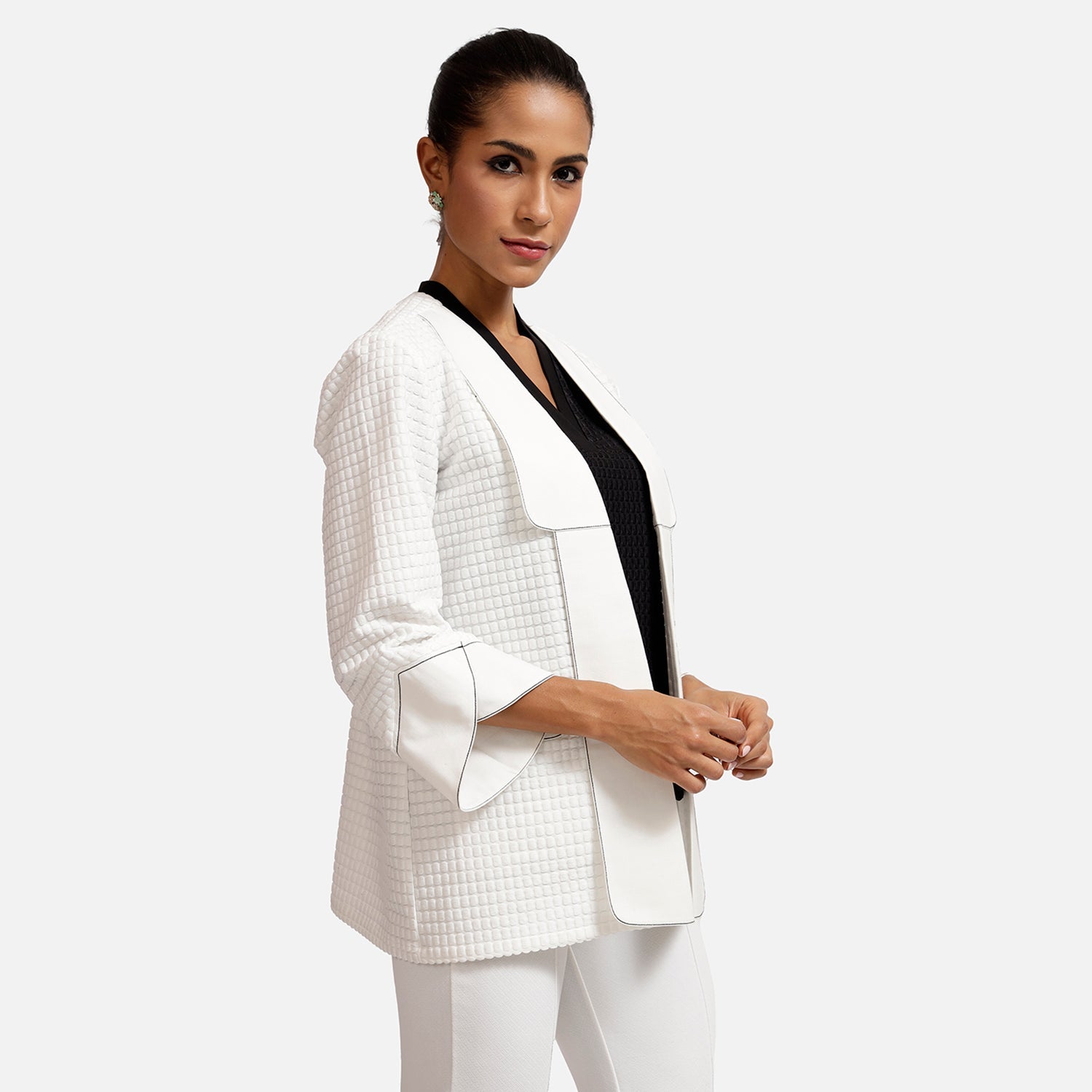 White Textured Jacket with Contrast Top Stitch-1