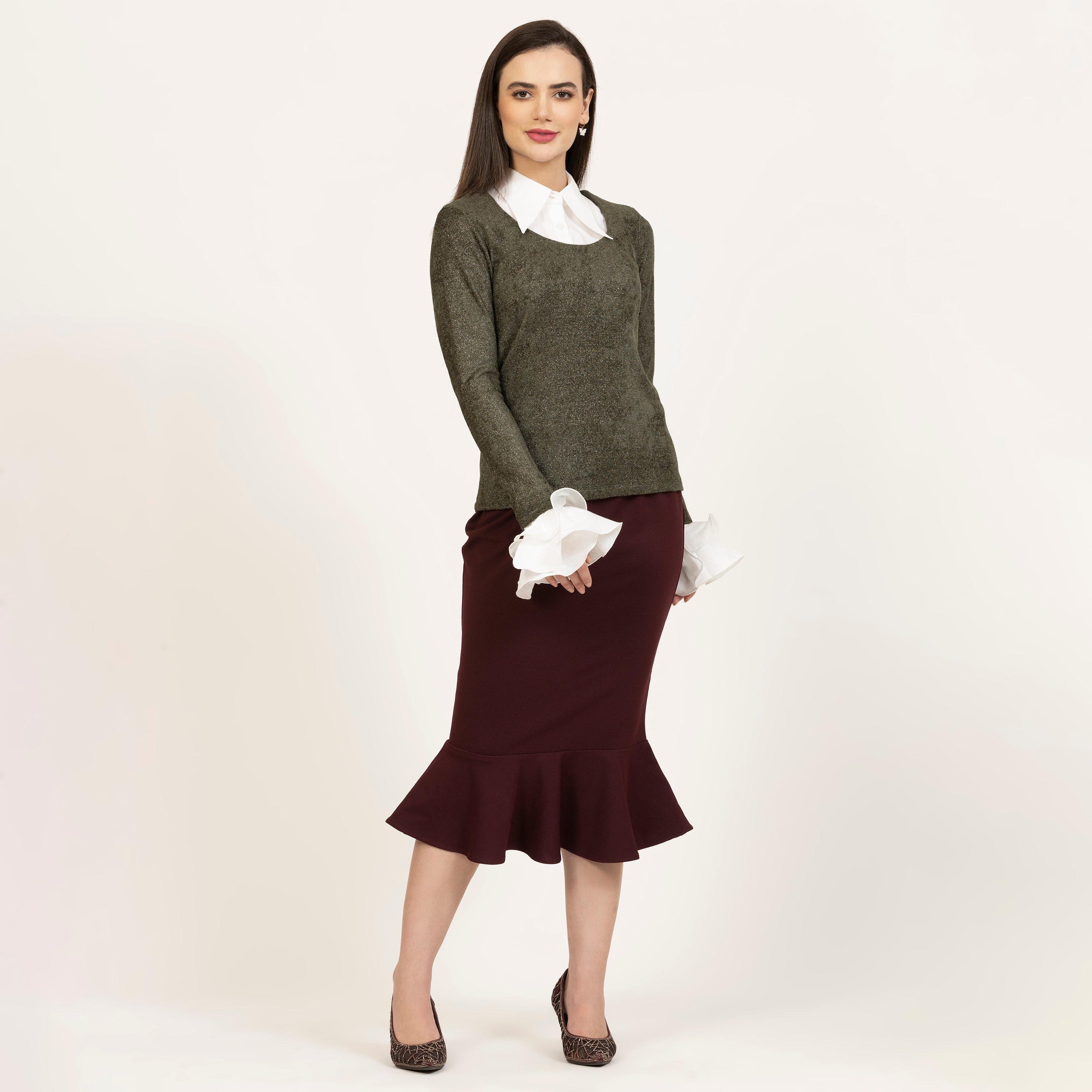Dark Green Shimmer Velvet Top With Detachable Collar & Cuff