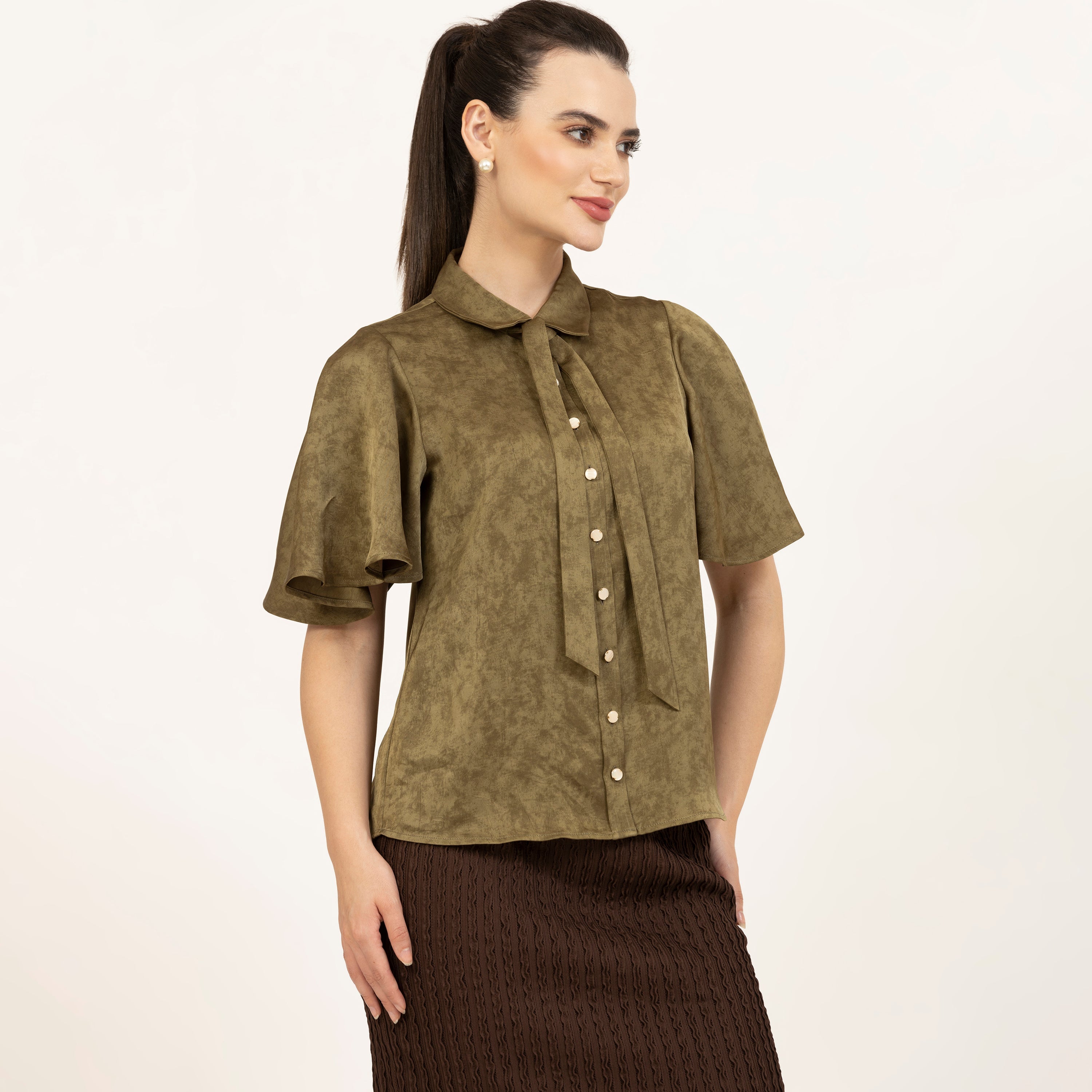 Olive Green Satin Top With Bell Sleeves