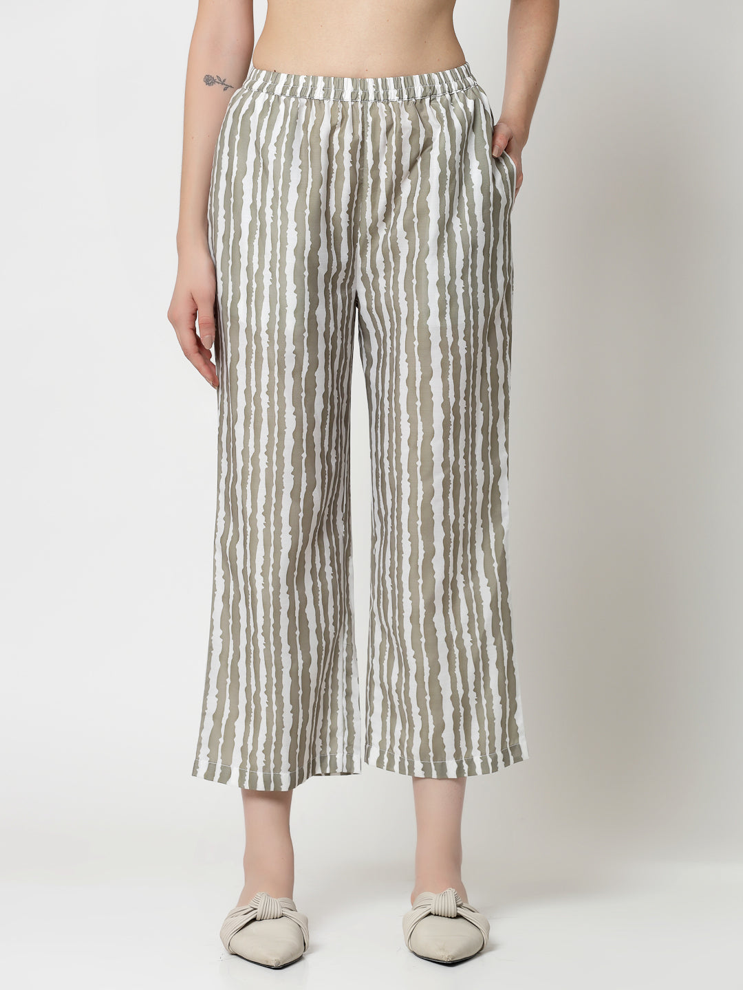 Olive & White Stripe Plazzo for Females-4