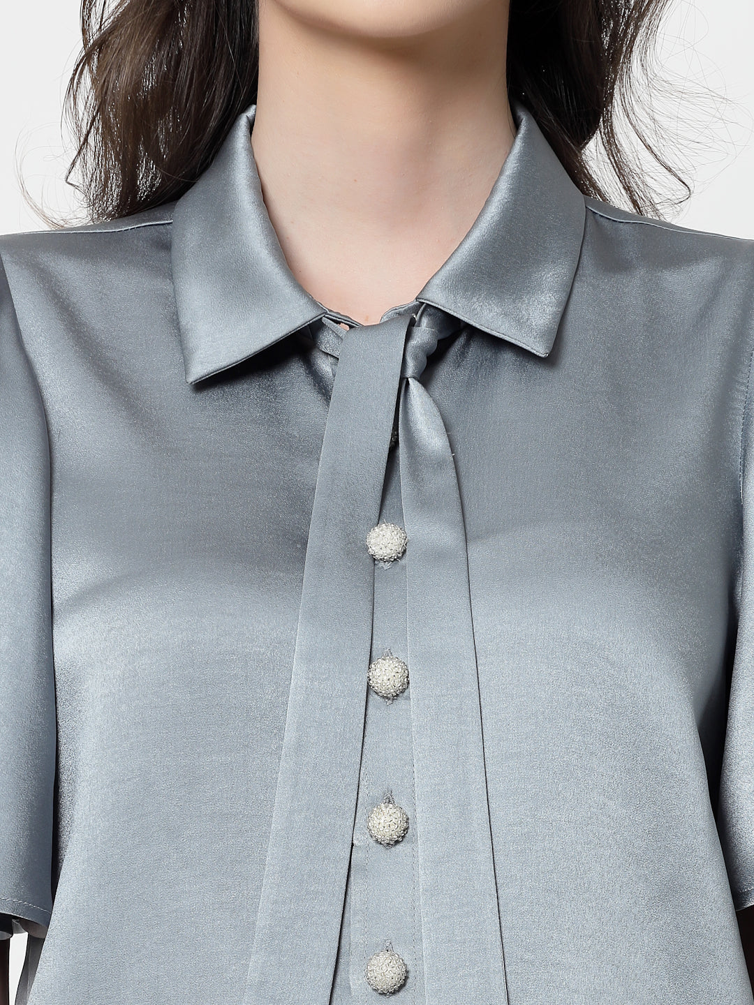 Bluish Grey Satin Top With Bell Sleeves & Tie Knot