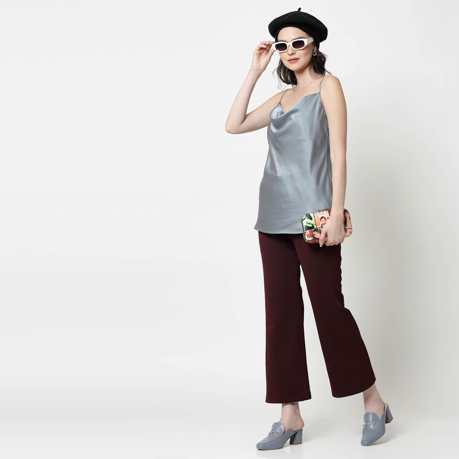 Bluish Grey Satin Cowl Neck Spaghetti