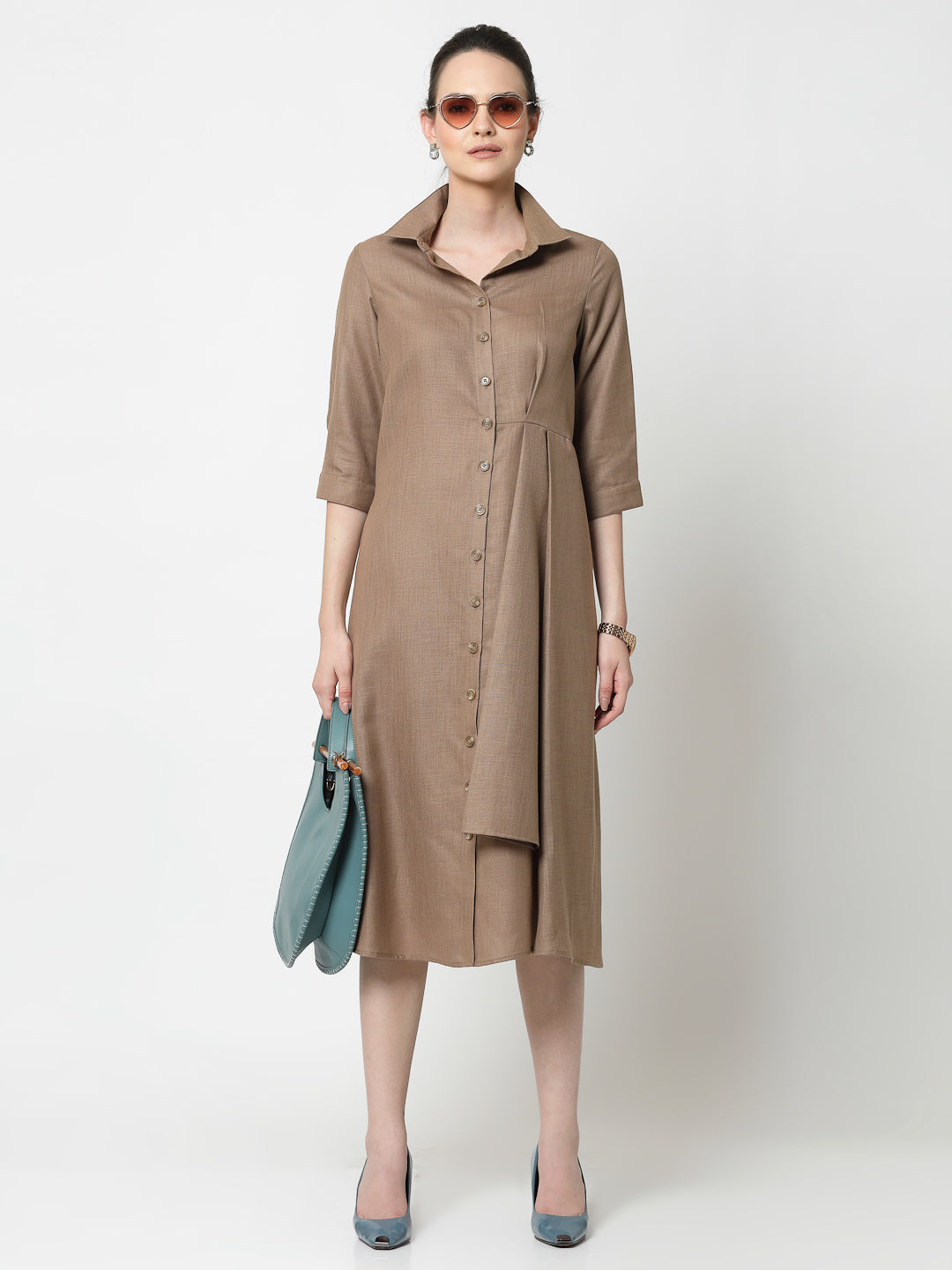 Dark Beige Cotton Pleated Long Dresses for Women - 6